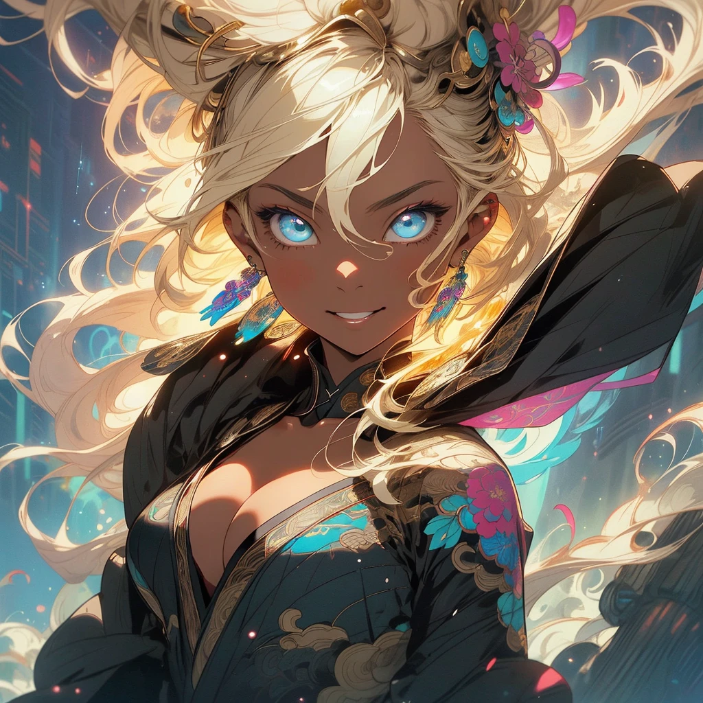(((highest quality))),(((fine eyes))),(((32K))),(1 dark skinned girl),Fancy blonde,(tattoo),cyber punk,kimono,((luxurious and gorgeous)),shiny skin,earrings,Stylish costumes,((Super beautiful)),(perfect face),Japanese sword,ultimate texture,official art,Ukiyo-e,((stylish)),photograph,perfect body,smile,Bewitching,best image quality,super clear,genuine,fantasy,(Near the future),ninja,((perfect eyes)),big breasts,((Perfect cleavage)),highlight,挑発的なsmile,stick out tongue,Mechanical,mandala,Pouring rain,majestic,apotheosis,fractal art:(1.3),perfect lighting,colorful,