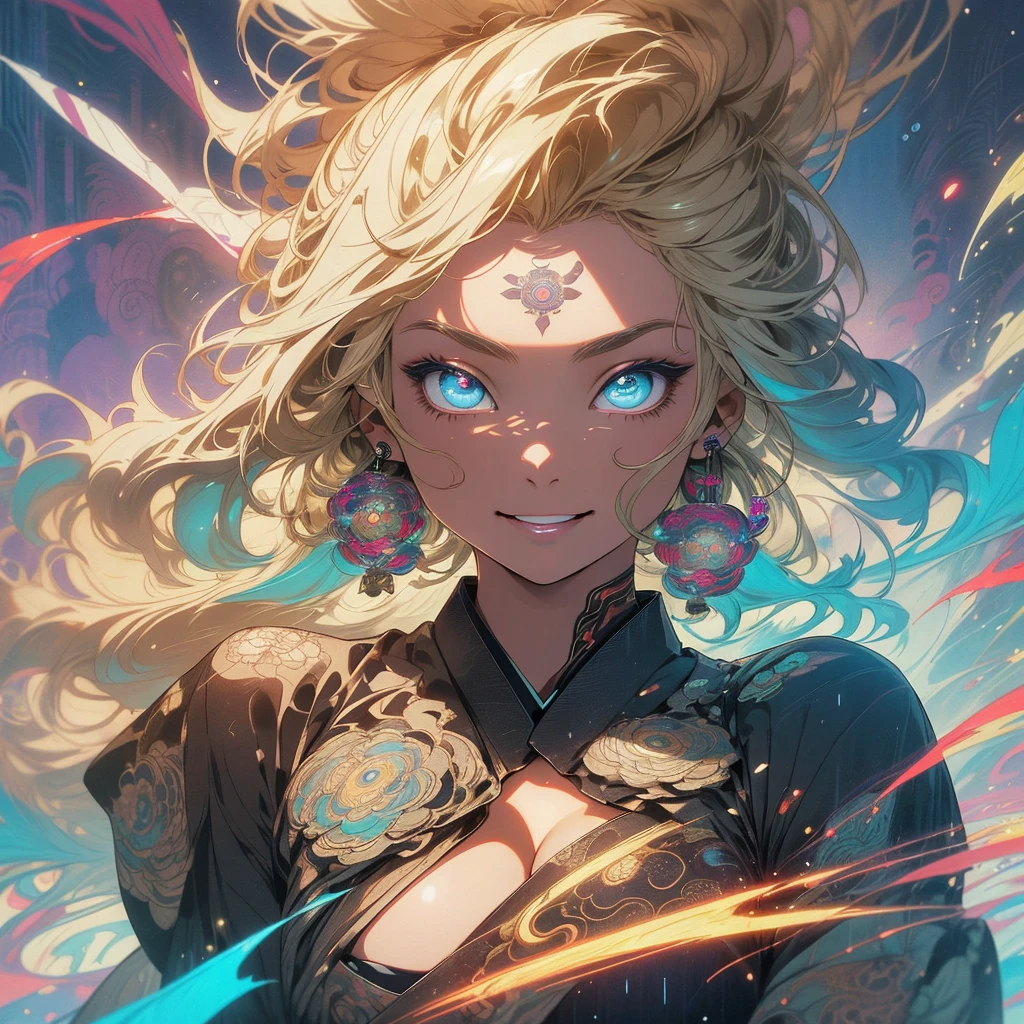 (((highest quality))),(((detailed eyes))),(((32K))),(1 dark skinned girl),Fancy blonde,(tattoo),cyber punk,kimono,((luxurious and gorgeous)),shiny skin,earrings,Stylish costumes,((Super beautiful)),(perfect face),Japanese sword,ultimate texture,official art,Ukiyo-e,((stylish)),photograph,perfect body,smile,Bewitching,best image quality,super clear,genuine,fantasy,(Near the future),ninja,((perfect eyes)),((big breasts)),((Perfect cleavage)),highlight,挑発的なsmile,stick out tongue,Mechanical,mandala,Pouring rain,majestic,apotheosis,((fractal art:(1.3)),perfect lighting,colorful,((In underwear)),crow,