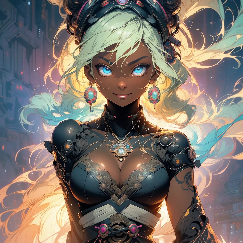 (((highest quality))),(((fine eyes))),(((32K))),(1 dark skinned girl),Fancy blonde,(tattoo),cyber punk,kimono,((luxurious and gorgeous)),shiny skin,earrings,Stylish costumes,((Super beautiful)),(perfect face),Japanese sword,ultimate texture,official art,Ukiyo-e,((stylish)),photograph,perfect body,smile,Bewitching,best image quality,super clear,genuine,fantasy,(Near the future),ninja,((perfect eyes)),big breasts,((Perfect cleavage)),highlight,挑発的なsmile,stick out tongue,Mechanical,mandala,Pouring rain,majestic,apotheosis,fractal art:(1.3),perfect lighting,colorful,