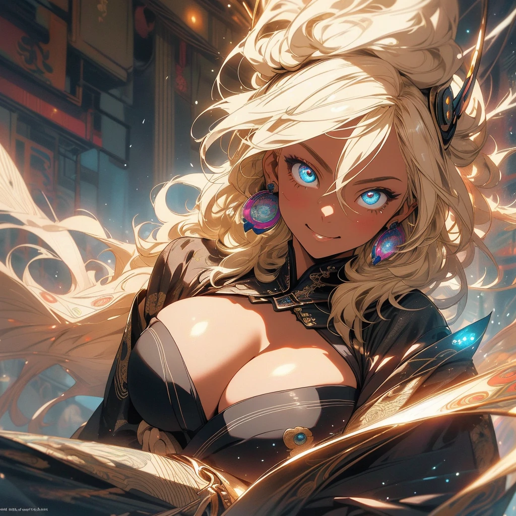 (((highest quality))),(((fine eyes))),(((32K))),(1 dark skinned girl),Fancy blonde,(tattoo),cyber punk,kimono,((luxurious and gorgeous)),shiny skin,earrings,Stylish costumes,((Super beautiful)),(perfect face),Japanese sword,ultimate texture,official art,Ukiyo-e,((stylish)),photograph,perfect body,smile,Bewitching,best image quality,super clear,genuine,fantasy,(Near the future),ninja,((perfect eyes)),big breasts,((Perfect cleavage)),highlight,挑発的なsmile,stick out tongue,Mechanical,mandala,Pouring rain,majestic,apotheosis,fractal art:(1.3),perfect lighting,colorful,
