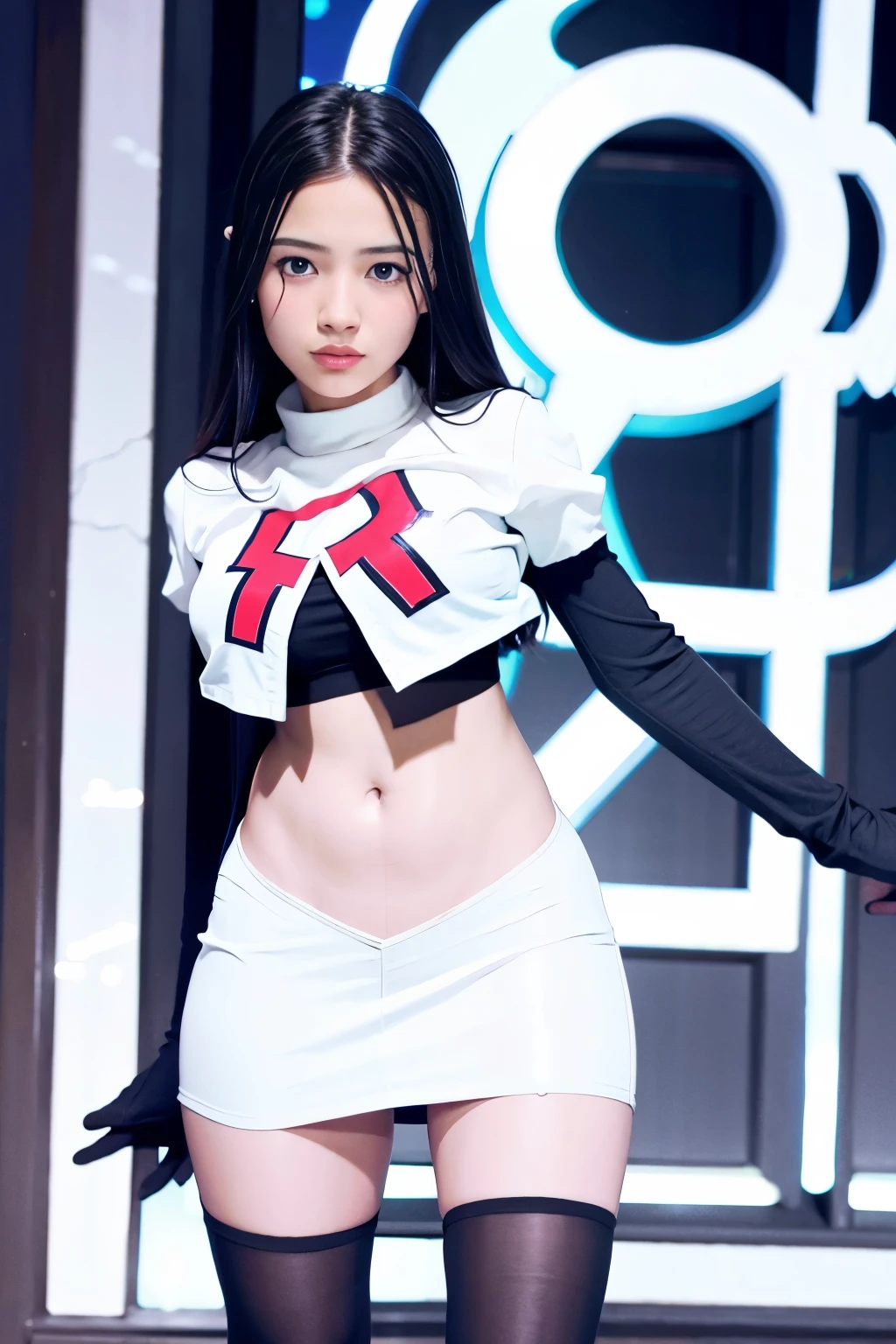 strawberrytabbyy, a woman wearing team rocket,team rocket uniform,white skirt,red letter R,crop top,black thigh-highs,black elbow gloves,