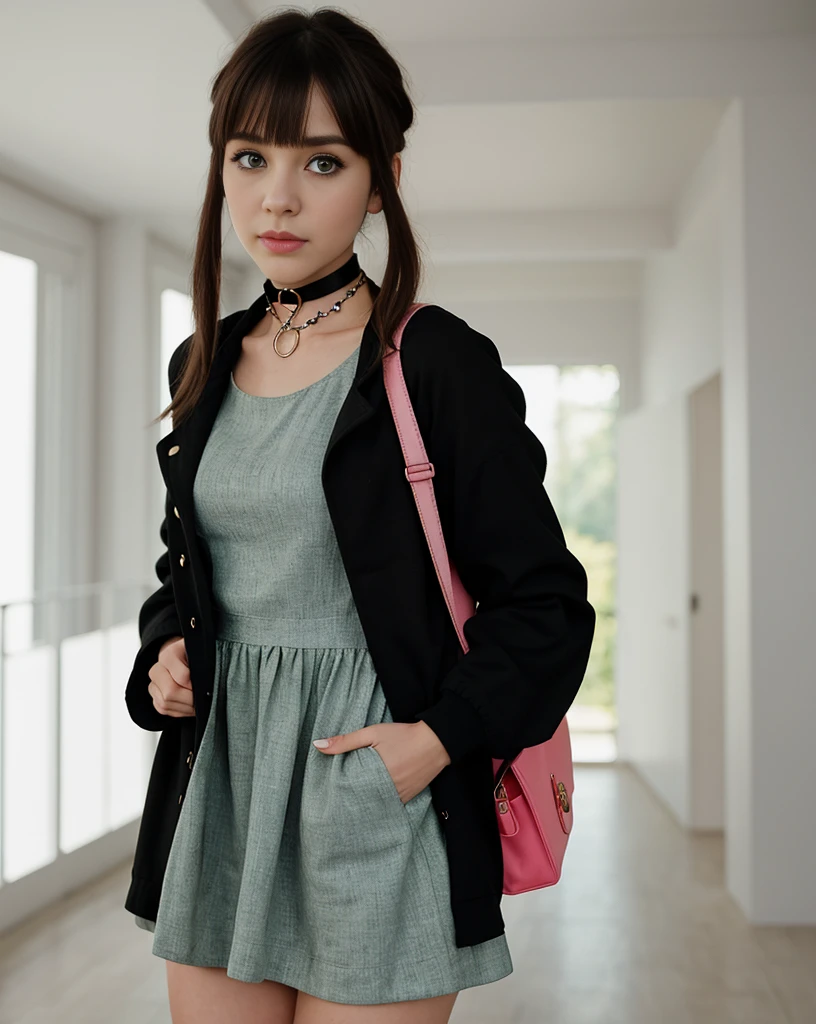 beautiful, masterpiece, best quality, extremely detailed face,  perfect lighting, 1girl, solo, sketch, marnie (pokemon), green eyes, asymmetrical bangs, backpack, bag, black choker, black jacket, blurry, blurry background, choker, closed mouth, dress, from behind, indoors, jacket, long sleeves, looking at viewer, looking back, off shoulder, pink dress, red bag, solo