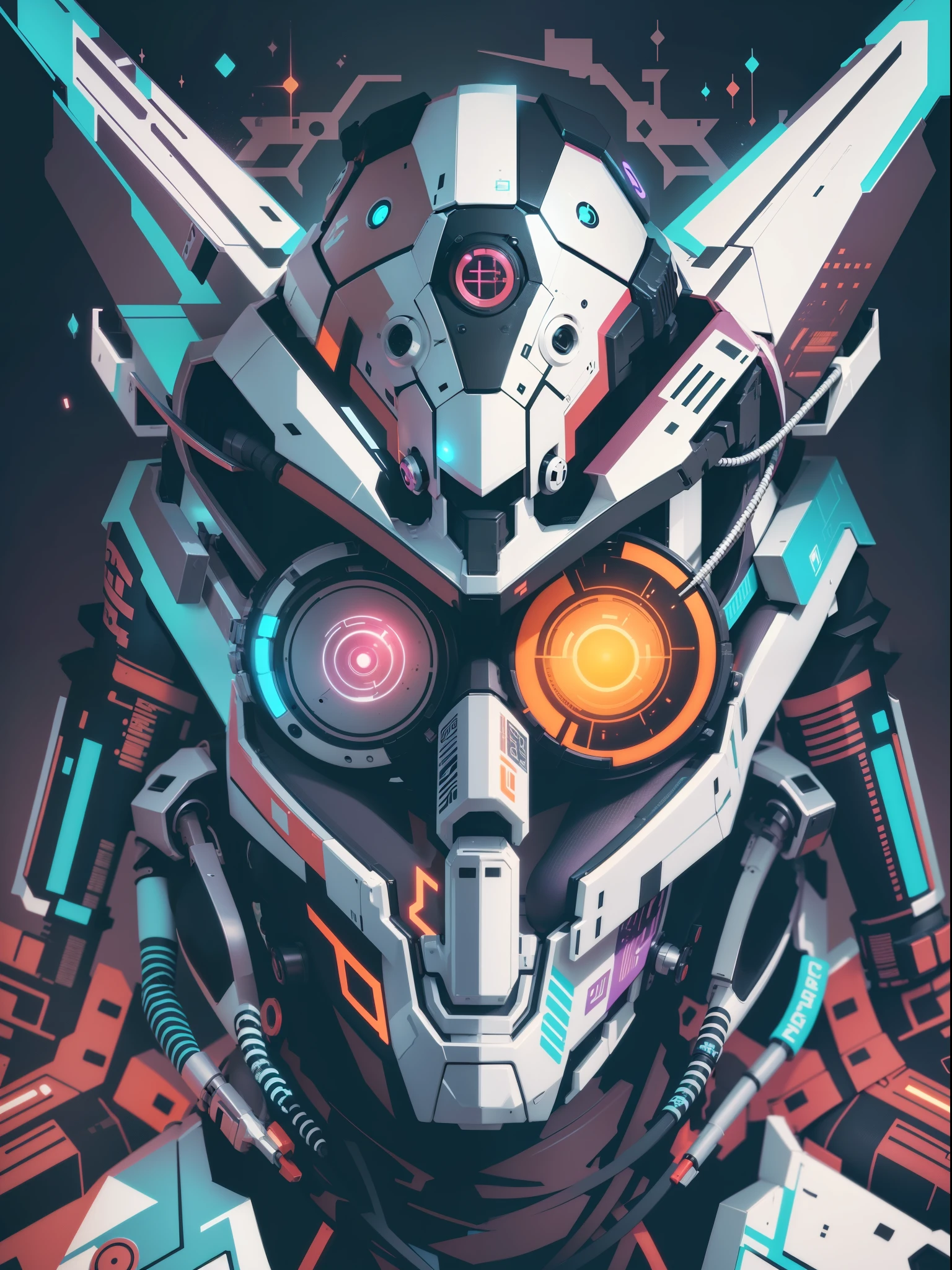 graphic design t-shirt, flat design, futuristic cyberpunk robot in mix of tones, topless,, sexy body, topless, flashing , big , metal skin,metal nipples, laser beams, purple emissive eyes, colorful tones, clean highly detailed, vector image, smoke explosion, simple background, flat white background, bright vector ((white background) )