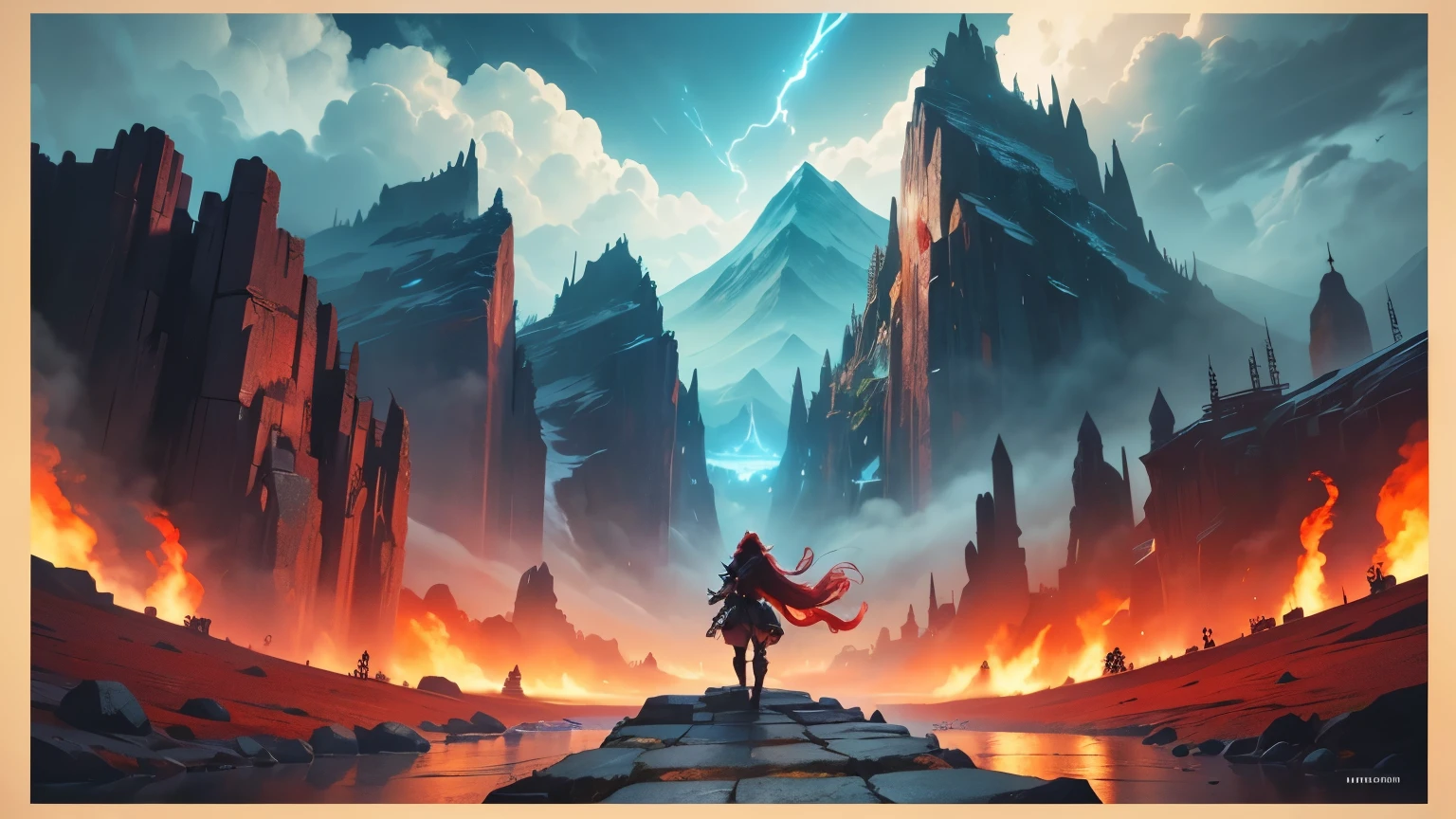 混沌fighting,conquer,World of Warcraft, woman back view red,fighting,red background,dark mountains, masterpiece, Super details, Poster level works, ultra high definition
