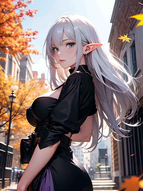 8K, highest quality, RAW photo, ultra high resolution silver blonde silver hair eyes are pink cool beauty beautiful butt thin eyebrows huge breasts 2 limbs alone beautiful nose Make the nose smaller droopy eyes glamorous mouth long coat of black color pale red-purple knit black leather long skirt White long coat Sparkling fantastic scenery Raise your hands and look up Panoramic shooting Less exposure elf ears autumn leaves autumn leaves狩り