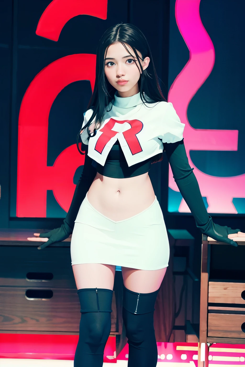 strawberrytabbyy, a woman wearing team rocket,team rocket uniform,white skirt,red letter R,crop top,black thigh-highs,black elbow gloves,