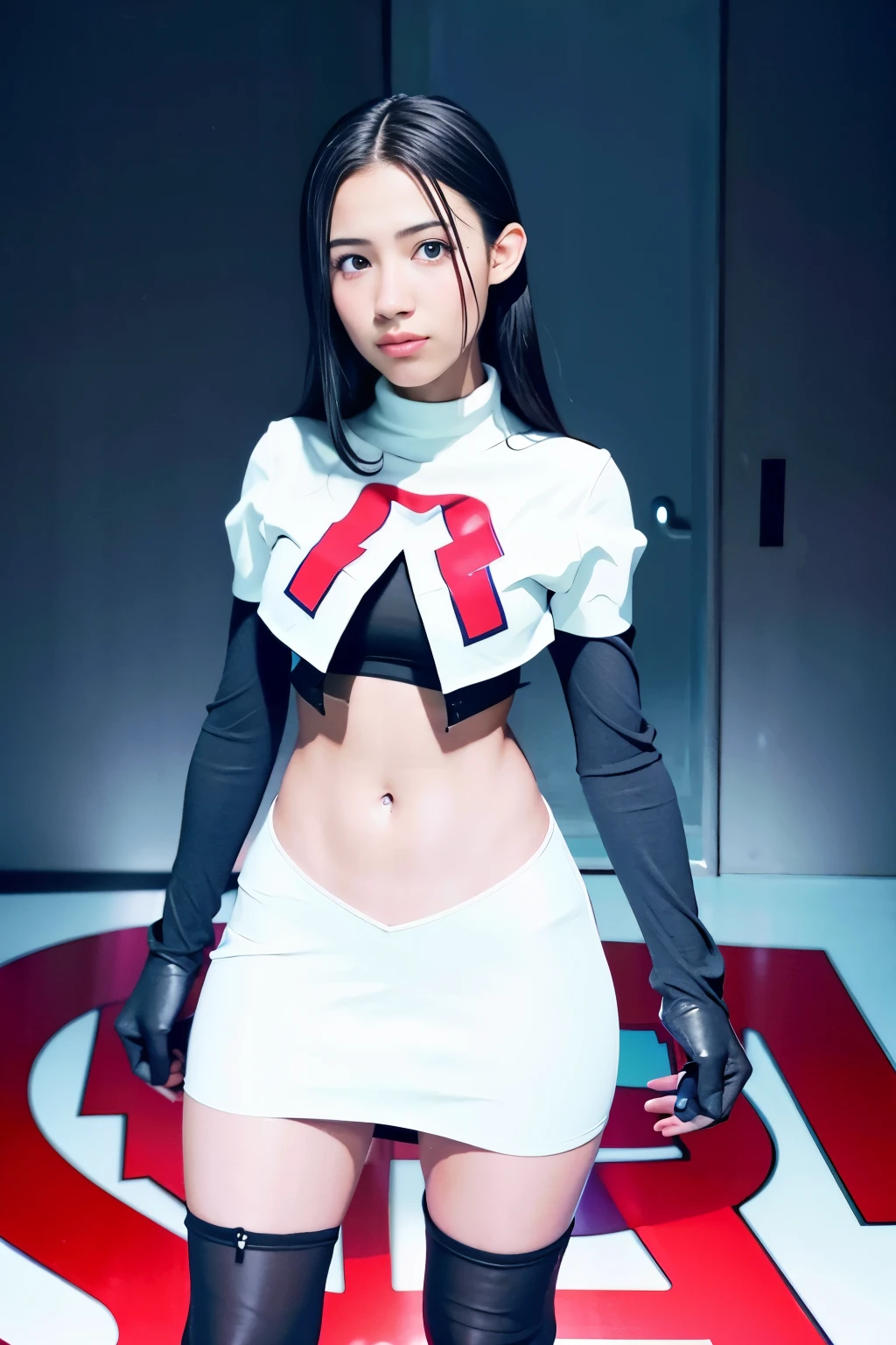 strawberrytabbyy, a woman wearing team rocket,team rocket uniform,white skirt,red letter R,crop top,black thigh-highs,black elbow gloves,