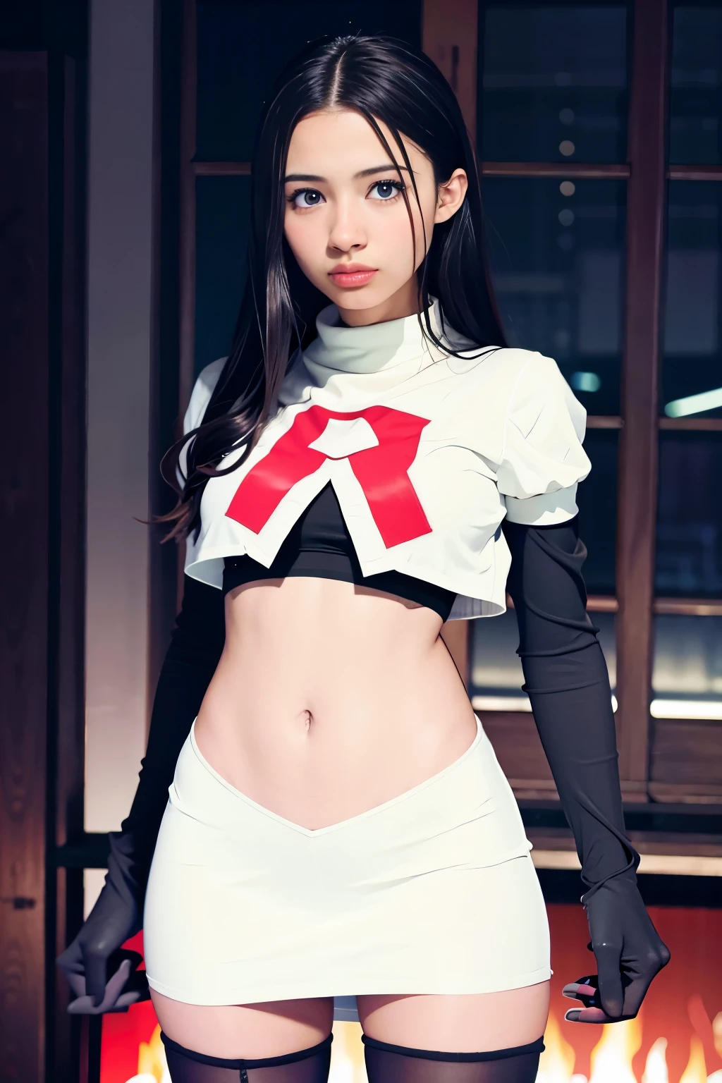 strawberrytabbyy, a woman wearing team rocket,team rocket uniform,white skirt,red letter R,crop top,black thigh-highs,black elbow gloves,