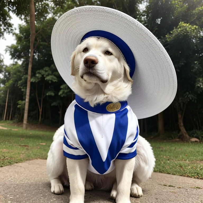 Romanian Raven Shepherd dog with abnormal sized hair, pelugem tamanho Gigantescos, pelagem muito longo  e cor dos pelos albino, (((white hat with blue stripes, uniforme branco com lista azul
))),  brincando com seus Brinquedos em um lindo quarto fofo,  Dog with an expression of happiness when he sees his owner, Cachorro com boca aberta, posando para uma foto usando roupas fofas,   fofo usando vestido fofo de princesa, luxurious hat, ties, Bandanas, vestido, cores fofas, children&#39;dog clothing colors. low angle view, eye level shot (virilha),Just huge morbid thighs, gordinhas, extremamente grossas;,rima de trabalho, melhor qualidade, (Vista frontal), (vista da minhoca&#39;olhos), perspectiva do olho do minhoca, low angle.