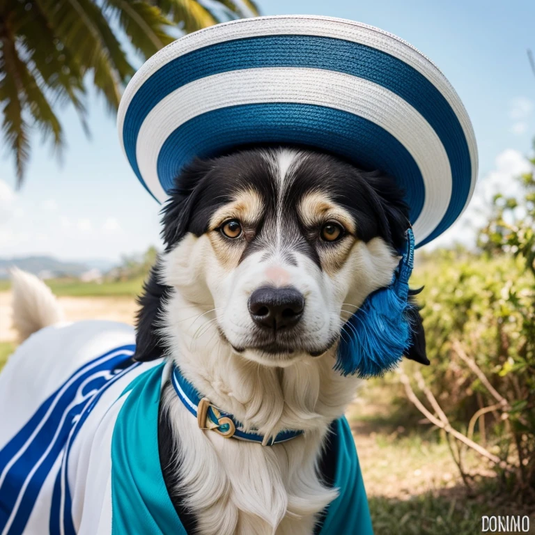 Romanian Raven Shepherd dog with abnormal sized hair, pelugem tamanho Gigantescos, pelagem muito longo  e cor dos pelos albino, (((white hat with blue stripes, uniforme branco com lista azul
))),  brincando com seus Brinquedos em um lindo quarto fofo,  Dog with an expression of happiness when he sees his owner, Cachorro com boca aberta, posando para uma foto usando roupas fofas,   fofo usando vestido fofo de princesa, luxurious hat, ties, Bandanas, vestido, cores fofas, children&#39;dog clothing colors. low angle view, eye level shot (virilha),Just huge morbid thighs, gordinhas, extremamente grossas;,rima de trabalho, melhor qualidade, (Vista frontal), (vista da minhoca&#39;olhos), perspectiva do olho do minhoca, low angle.