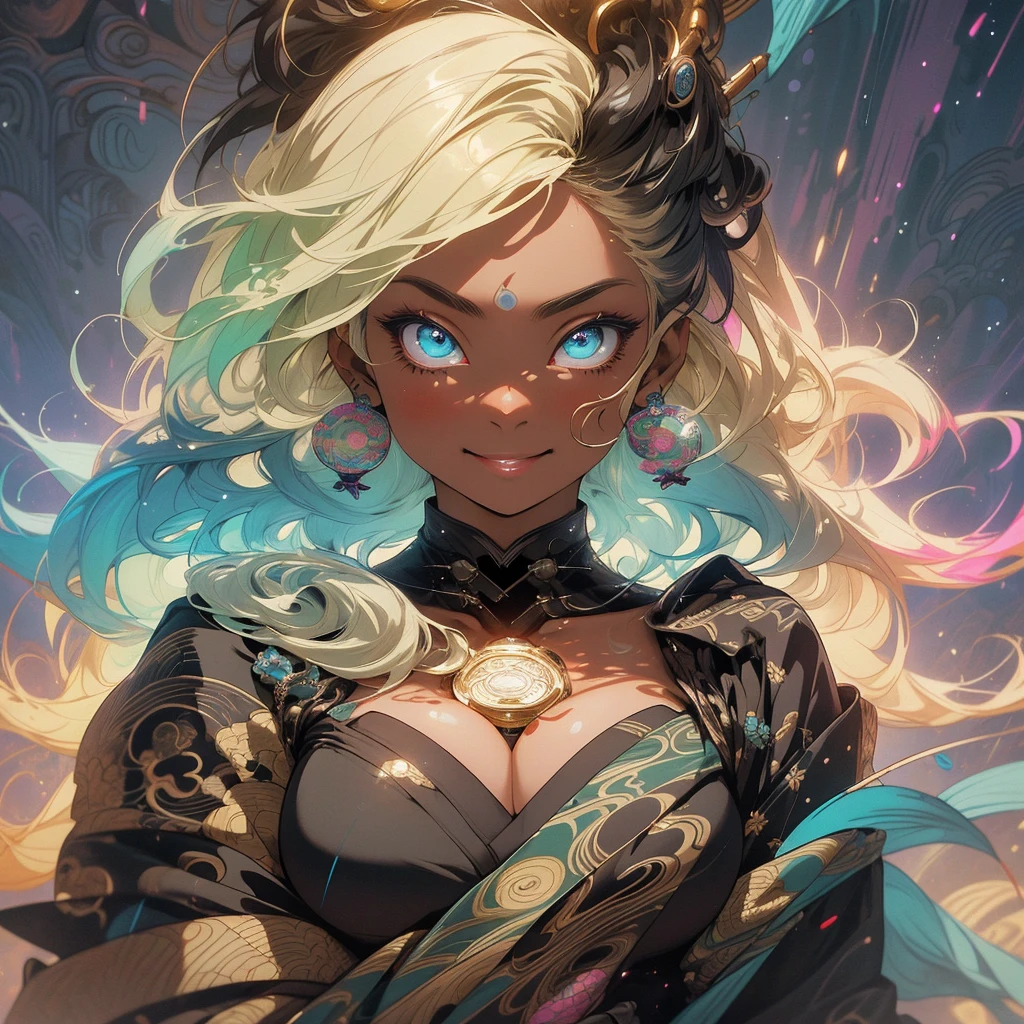 (((highest quality))),(((fine eyes))),(((32K))),(1 dark skinned girl),Fancy blonde,(tattoo),cyber punk,kimono,((luxurious and gorgeous)),shiny skin,earrings,Stylish costumes,((Super beautiful)),(perfect face),Japanese sword,ultimate texture,official art,Ukiyo-e,((stylish)),photograph,perfect body,smile,Bewitching,best image quality,super clear,genuine,fantasy,(Near the future),ninja,((perfect eyes)),big breasts,((Perfect cleavage)),highlight,挑発的なsmile,stick out tongue,Mechanical,mandala,Pouring rain,majestic,apotheosis,fractal art:(1.3),perfect lighting,colorful,