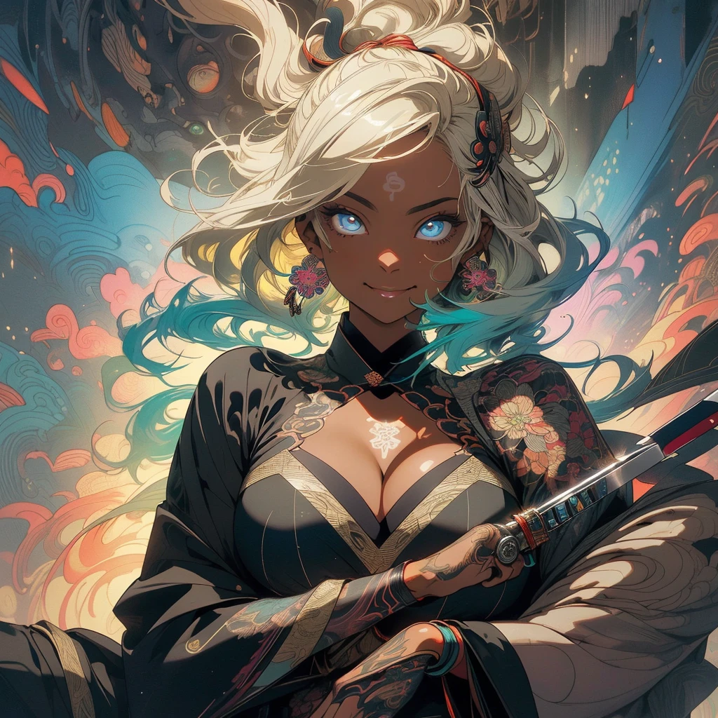 (((highest quality))),(((fine eyes))),(((32K))),(1 dark skinned girl),Fancy blonde,(tattoo),cyber punk,kimono,((luxurious and gorgeous)),shiny skin,earrings,Stylish costumes,((Super beautiful)),(perfect face),Japanese sword,ultimate texture,official art,Ukiyo-e,((stylish)),photograph,perfect body,smile,Bewitching,best image quality,super clear,genuine,fantasy,(Near the future),ninja,((perfect eyes)),big breasts,((Perfect cleavage)),highlight,挑発的なsmile,stick out tongue,Mechanical,mandala,Pouring rain,majestic,apotheosis,fractal art:(1.3),perfect lighting,colorful,