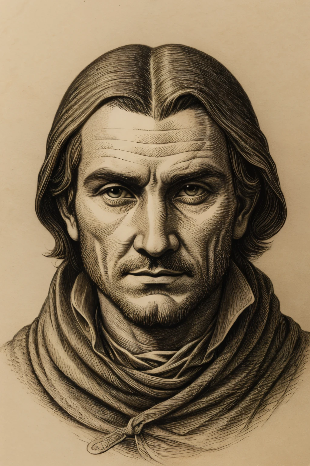 illustration of the face of a man in hollow engraved lithographic style