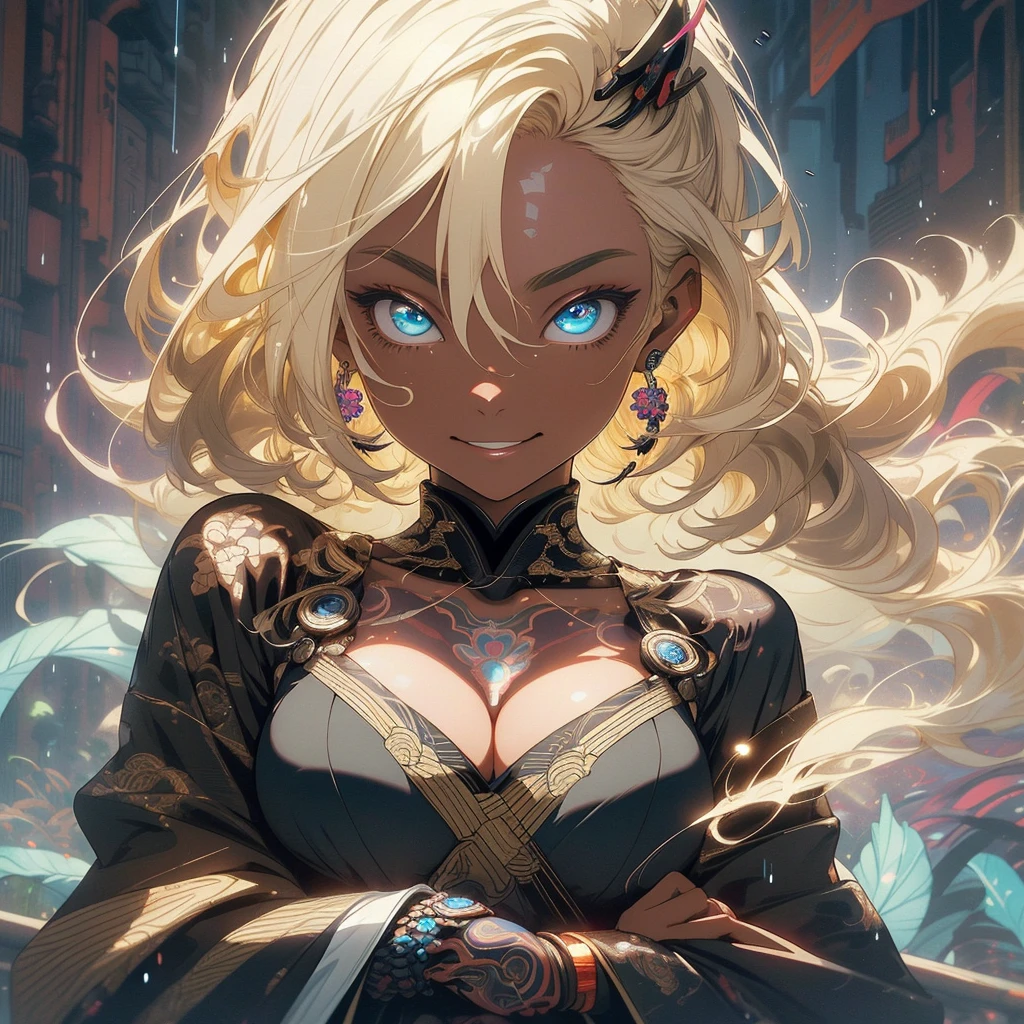 (((highest quality))),(((fine eyes))),(((32K))),(1 dark skinned girl),Fancy blonde,(tattoo),cyber punk,kimono,((luxurious and gorgeous)),shiny skin,earrings,Stylish costumes,((Super beautiful)),(perfect face),Japanese sword,ultimate texture,official art,Ukiyo-e,((stylish)),photograph,perfect body,smile,Bewitching,best image quality,super clear,genuine,fantasy,(Near the future),ninja,((perfect eyes)),big breasts,((Perfect cleavage)),highlight,挑発的なsmile,stick out tongue,Mechanical,mandala,Pouring rain,majestic,apotheosis,fractal art:(1.3),perfect lighting,colorful,