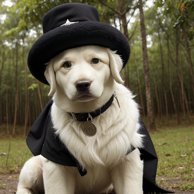 Romanian Raven Shepherd dog with abnormal sized hair, pelugem tamanho Gigantescos, pelagem muito longo  e cor dos pelos albino, (((veste jaqueta de couro
 preta brilhoso, black sergeant hat))),  brincando com seus Brinquedos em um lindo quarto fofo,  Dog with an expression of happiness when he sees his owner, Cachorro com boca aberta, posando para uma foto usando roupas fofas,   fofo usando vestido fofo de princesa, luxurious hat, ties, Bandanas, vestido, cores fofas, children&#39;dog clothing colors. low angle view, eye level shot (virilha),Just huge morbid thighs, gordinhas, extremamente grossas;,rima de trabalho, melhor qualidade, (Vista frontal), (vista da minhoca&#39;olhos), perspectiva do olho do minhoca, low angle.