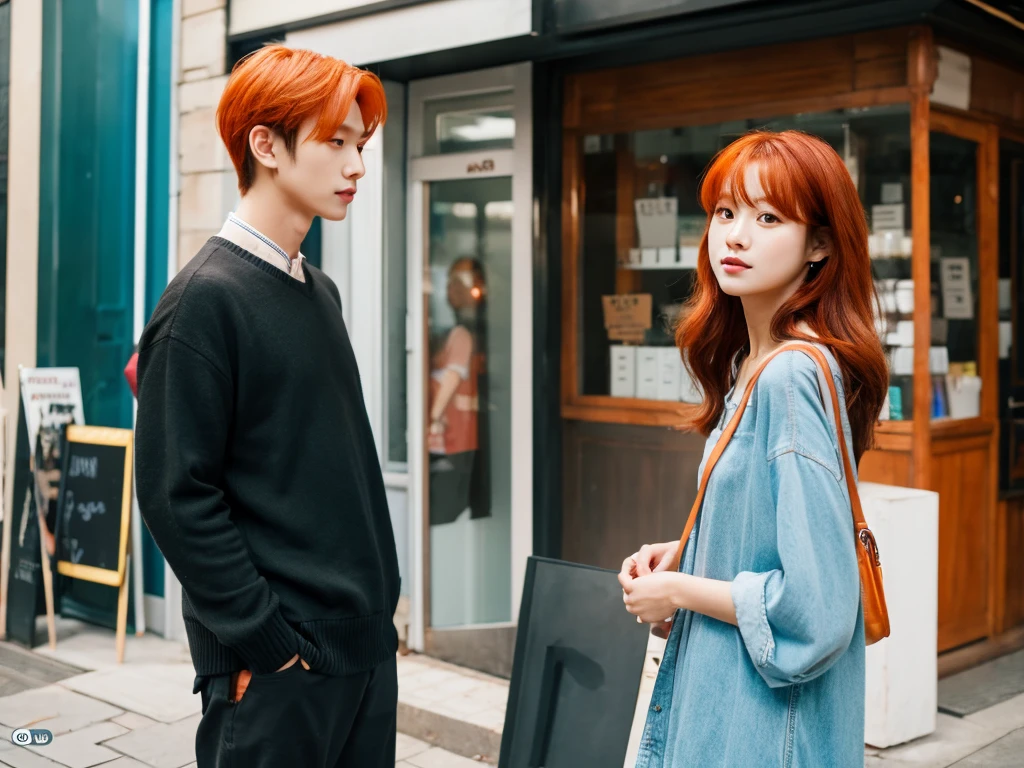 they are posing for a picture in front of a store, a picture inspired by Kun Can, trending on cg society, realism, kim doyoung, jinyoung shin, romantic lead, ulzzang, promotional still, naver fanpop, highlight scene of the movie, medium shot of two characters, promo still, luts, jia, still from a live action movie, woman with orange hair, man with medium black hair down to his neck. Korean. 8k.