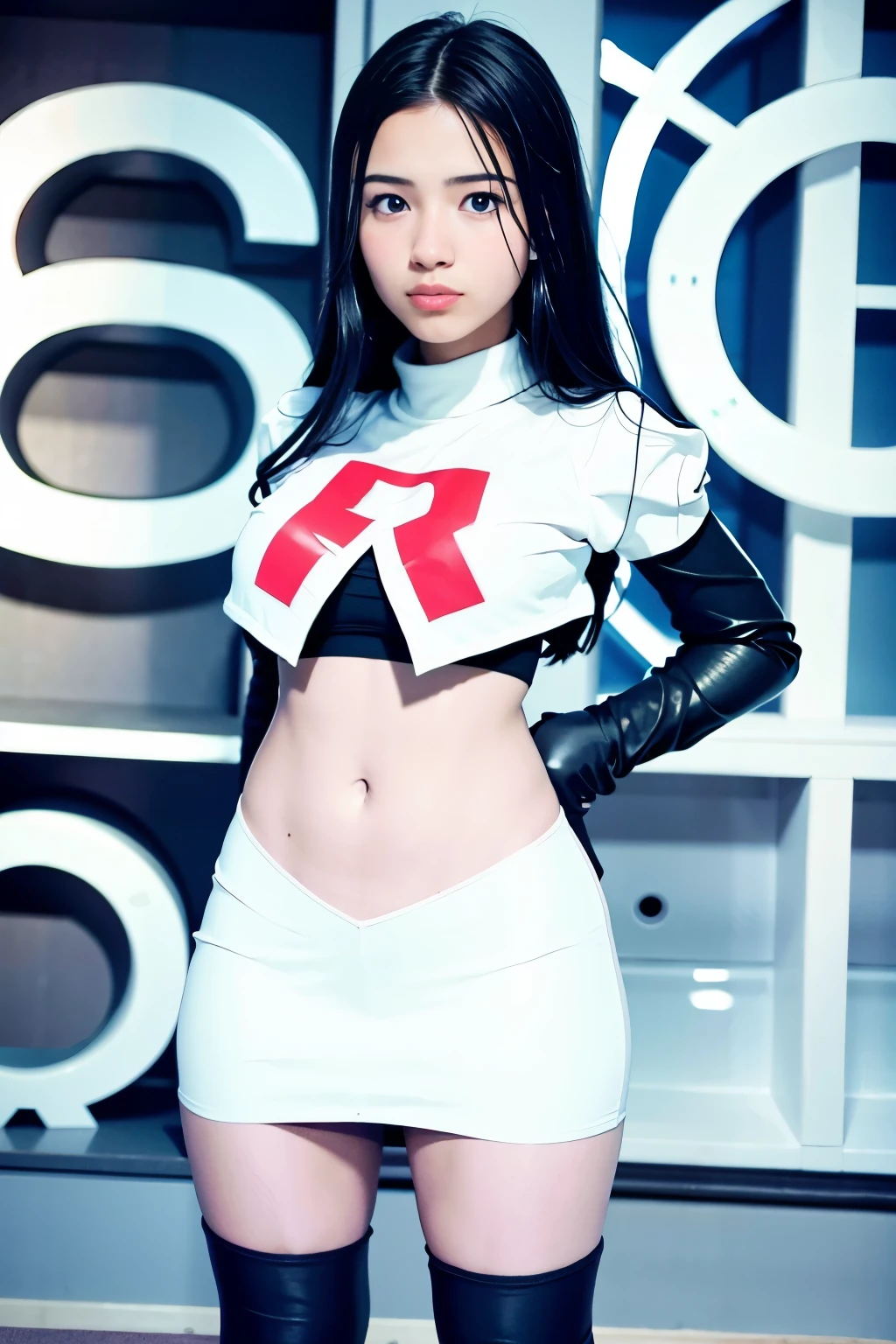 strawberrytabbyy, a woman wearing team rocket,team rocket uniform,white skirt,red letter R,crop top,black thigh-highs,black elbow gloves,