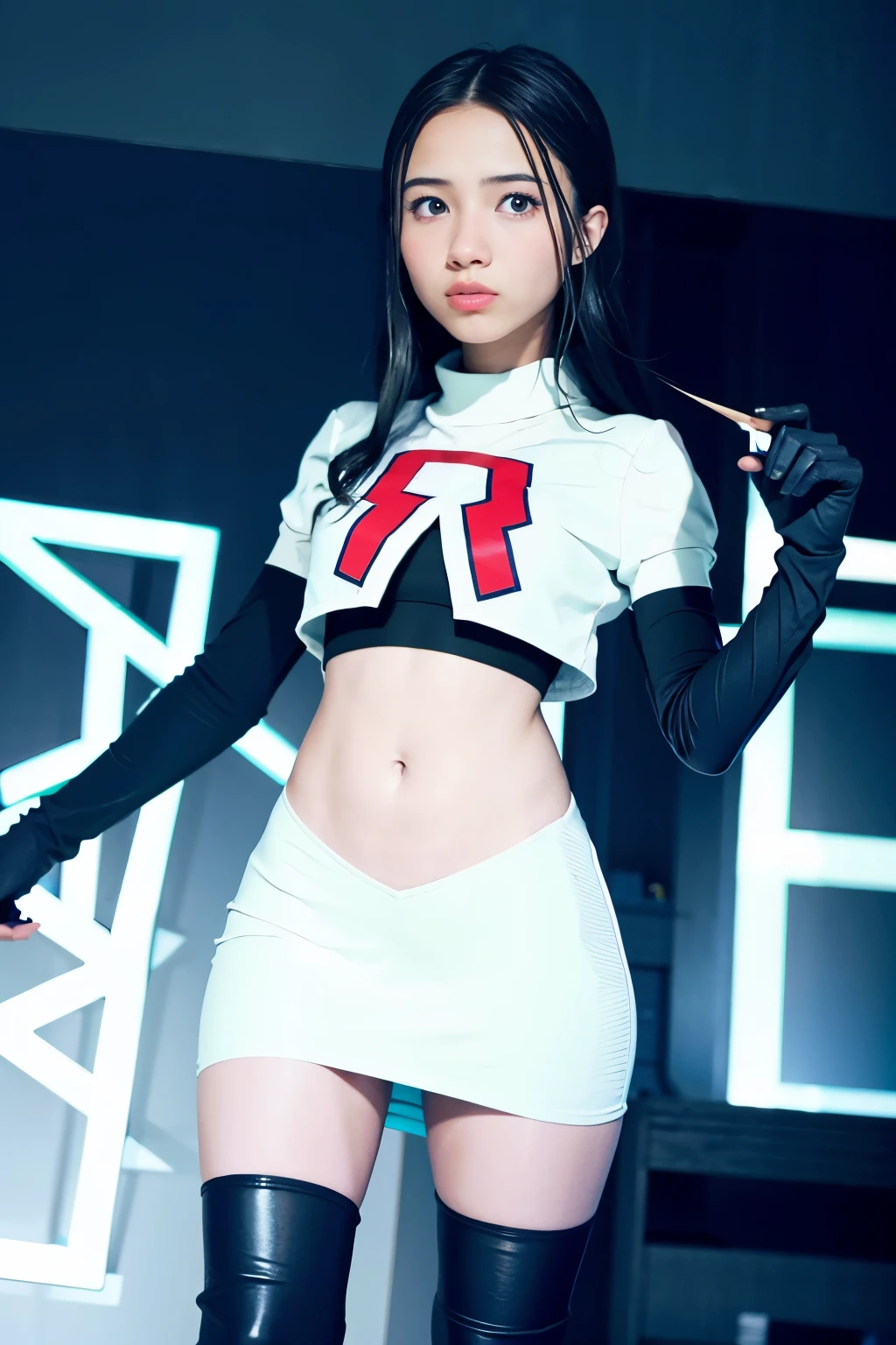 strawberrytabbyy, a woman wearing team rocket,team rocket uniform,white skirt,red letter R,crop top,black thigh-highs,black elbow gloves,