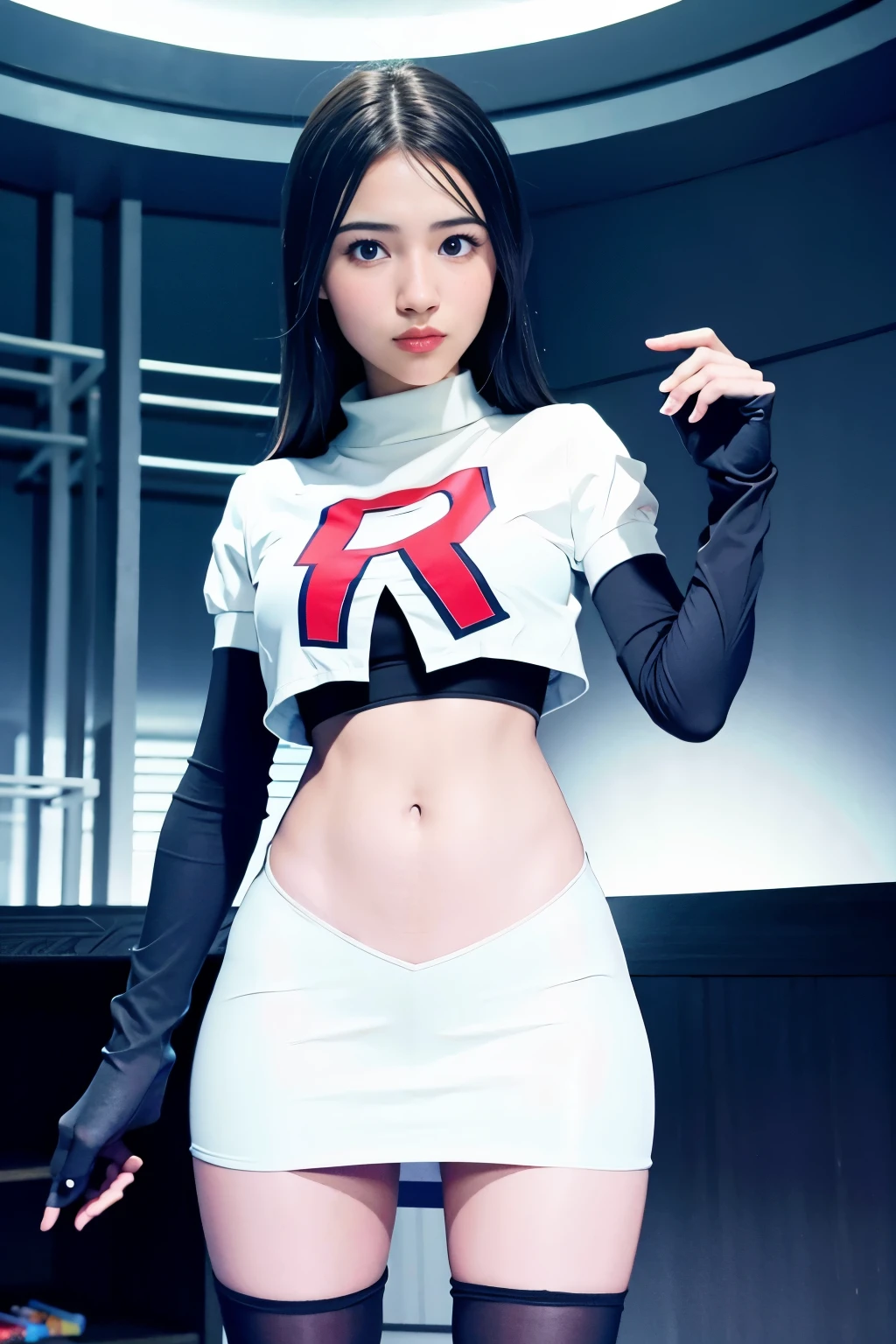 strawberrytabbyy, a woman wearing team rocket,team rocket uniform,white skirt,red letter R,crop top,black thigh-highs,black elbow gloves,