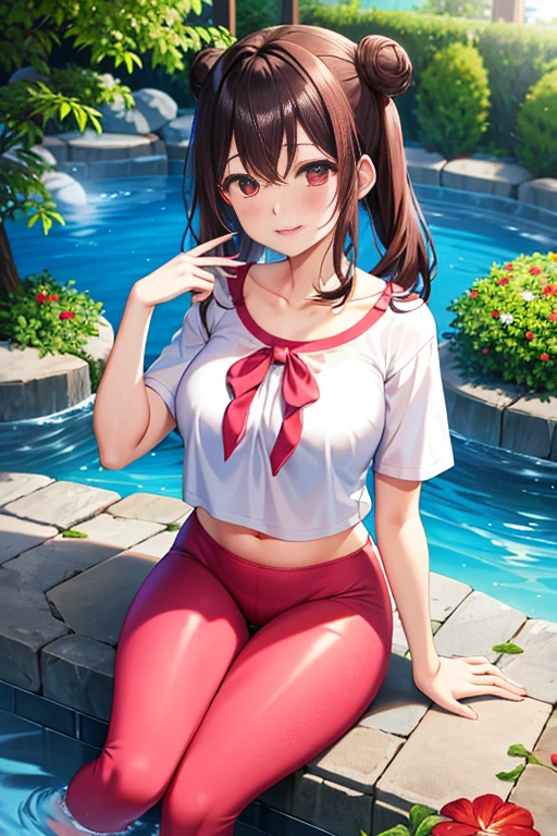1 futanari girl:1.3, alone, Long Hair, Super large , Show Viewer, blush, Brown Hair, shirt, bow, Twin tails, Brown eyes,, indoor, erection:1.3,Extended period, futanari:1.4, erection under clothes:1.5,shirai kuroko,Super large ,Detailed gym clotheischievous Smile、Erection in leggings:1.3、