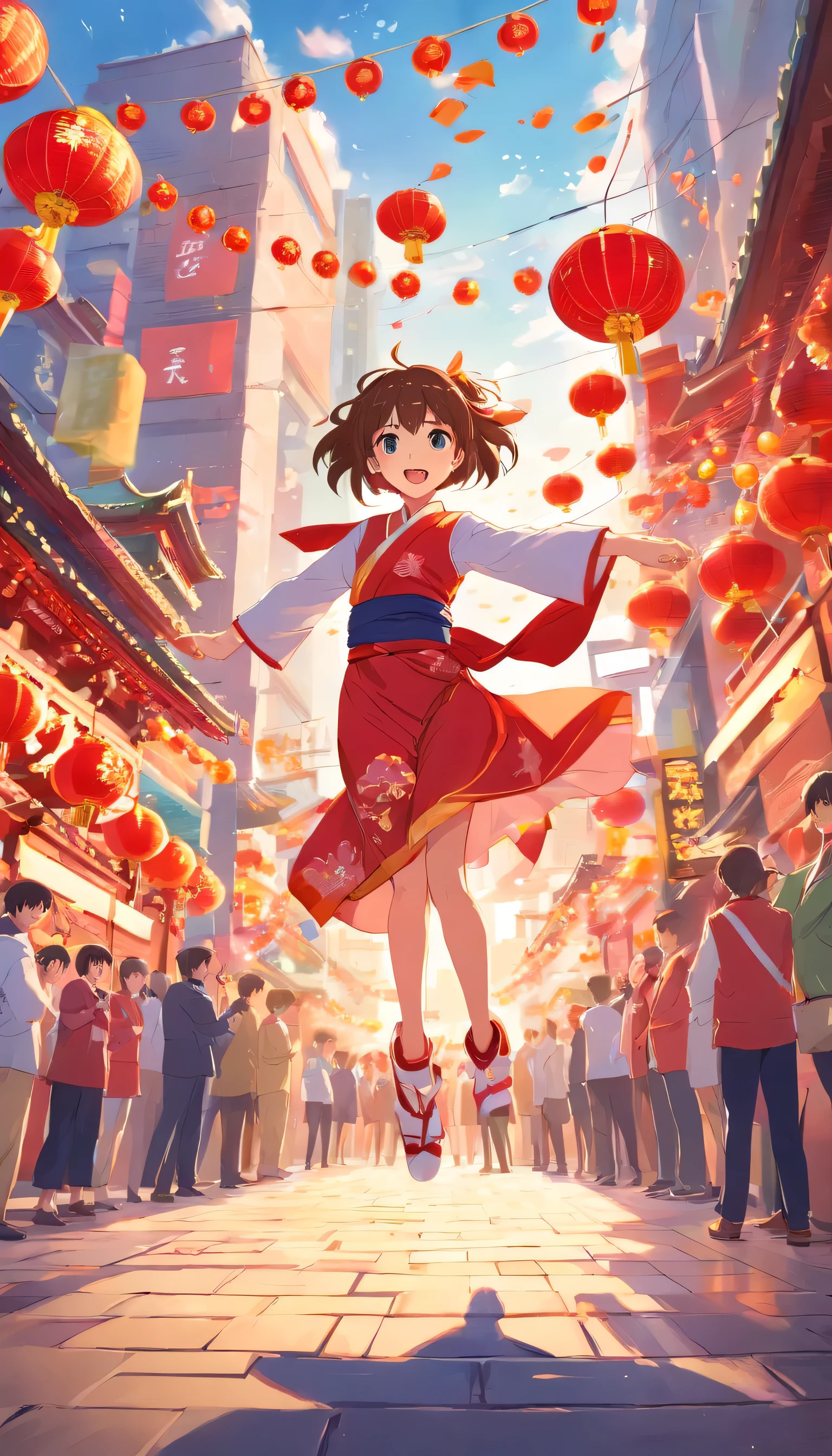 CNY，I jumped up with joy，Celebrate in the square during the day，People from all over，beaming，Sunlight shines，cartoon，The square was packed with people，festive，Red，There are decorations around