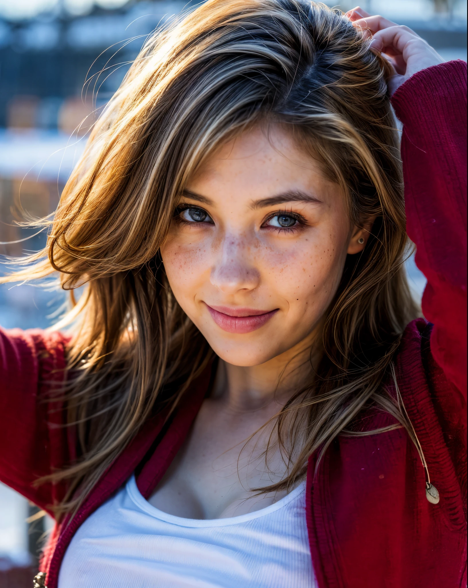 ((3/4 portrait)), Artistic sexy photography. low exposure canon, low iso, high contrast, perfect colors. Bokeh effect, (fixed eyes), (professional model poses), (shot from the front), Blonde woman with shoulder-length wavy hair with freckles looking at viewer, wearing an open lumberjack with sexy cleavage. The woman is hot below, revealing her sexisness. The woman is next to a red cabin in a very snowy place. Ultra artistic lighting with the sun hitting the girl's tits. The girl is smiling.