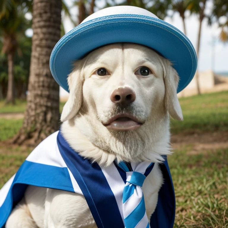 Romanian Raven Shepherd dog with abnormal sized hair, pelugem tamanho Gigantescos, pelagem muito longo e cor dos pelos albino, (((white hat with blue stripes, uniforme branco com lista azul
))), brincando com seus Brinquedos em um lindo quarto fofo, Dog with an expression of happiness when he sees his owner, Cachorro com boca aberta, posando para uma foto usando roupas fofas, fofo usando vestido fofo de princesa, luxurious hat, ties, Bandanas, vestido, cores fofas, children'dog clothing colors. low angle view, eye level shot (virilha),Just huge morbid thighs, gordinhas, extremamente grossas;,rima de trabalho, melhor qualidade, (Vista frontal), (vista da minhoca'olhos), perspectiva do olho do minhoca, low angle.