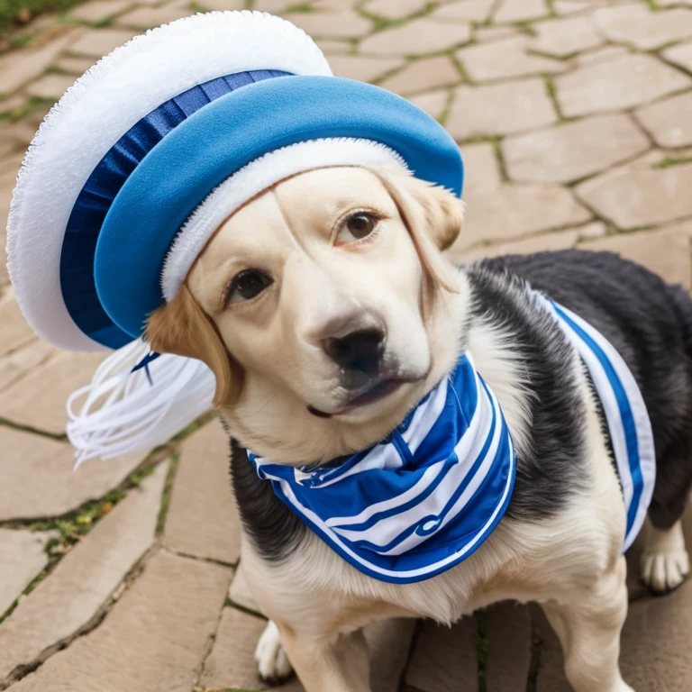 Romanian Raven Shepherd dog with abnormal sized hair, pelugem tamanho Gigantescos, pelagem muito longo e cor dos pelos albino, (((white hat with blue stripes, uniforme branco com lista azul
))), brincando com seus Brinquedos em um lindo quarto fofo, Dog with an expression of happiness when he sees his owner, Cachorro com boca aberta, posando para uma foto usando roupas fofas, fofo usando vestido fofo de princesa, luxurious hat, ties, Bandanas, vestido, cores fofas, children'dog clothing colors. low angle view, eye level shot (virilha),Just huge morbid thighs, gordinhas, extremamente grossas;,rima de trabalho, melhor qualidade, (Vista frontal), (vista da minhoca'olhos), perspectiva do olho do minhoca, low angle.