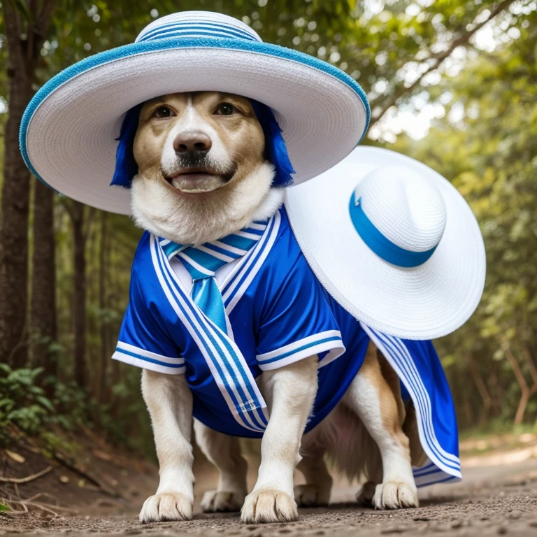 Romanian Raven Shepherd dog with abnormal sized hair, pelugem tamanho Gigantescos, pelagem muito longo  e cor dos pelos albino, (((white hat with blue stripes, uniforme branco com lista azul
))),  brincando com seus Brinquedos em um lindo quarto fofo,  Dog with an expression of happiness when he sees his owner, Cachorro com boca aberta, posando para uma foto usando roupas fofas,   fofo usando vestido fofo de princesa, luxurious hat, ties, Bandanas, vestido, cores fofas, children&#39;dog clothing colors. low angle view, eye level shot (virilha),Just huge morbid thighs, gordinhas, extremamente grossas;,rima de trabalho, melhor qualidade, (Vista frontal), (vista da minhoca&#39;olhos), perspectiva do olho do minhoca, low angle.