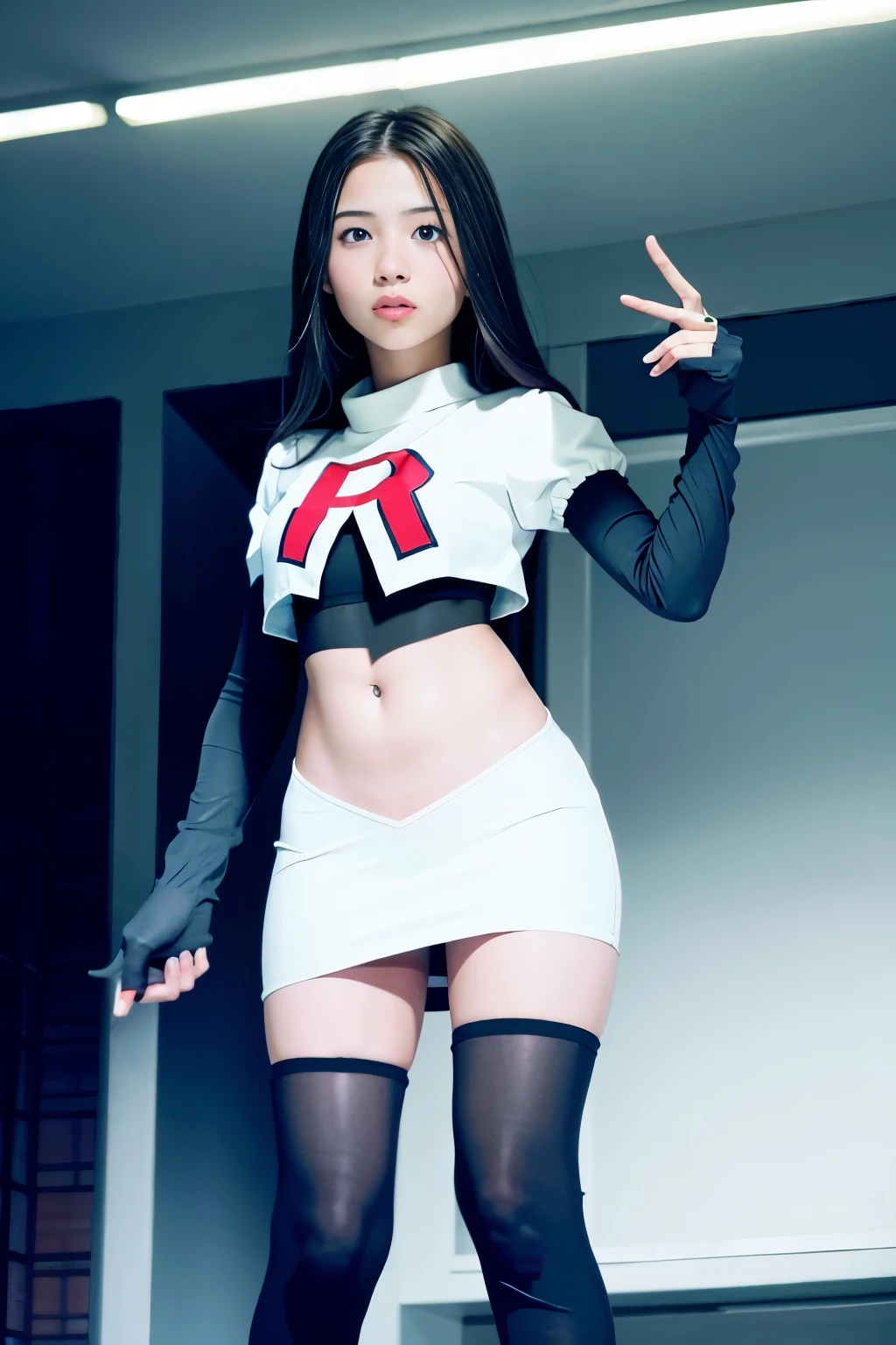 strawberrytabbyy, a woman wearing team rocket,team rocket uniform,white skirt,red letter R,crop top,black thigh-highs,black elbow gloves,