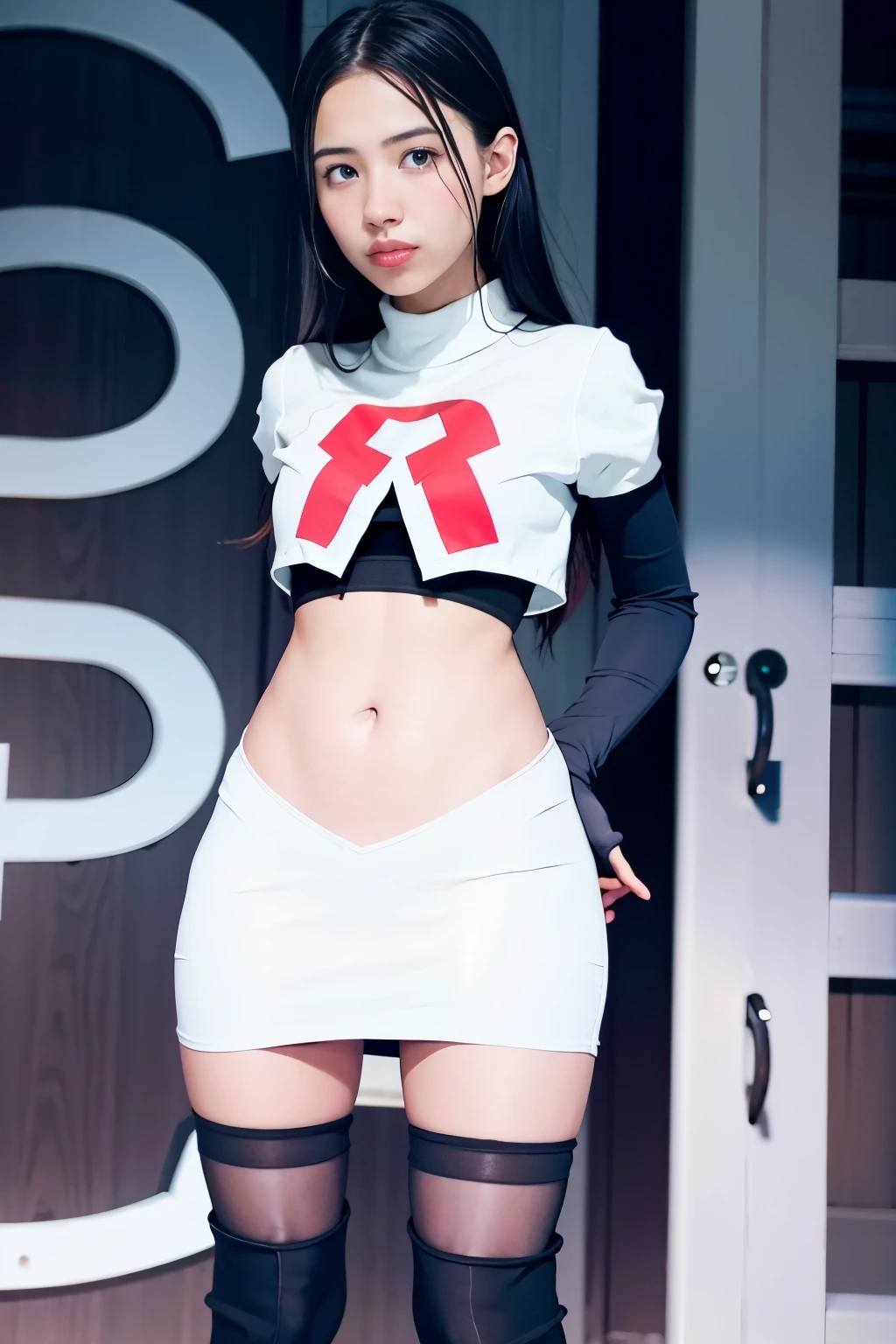 strawberrytabbyy, a woman wearing team rocket,team rocket uniform,white skirt,red letter R,crop top,black thigh-highs,black elbow gloves,