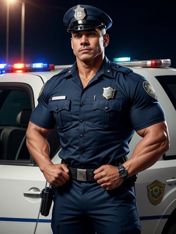 a mexican man 50 years bodybuilder, wearing a police uniform. The man should have a muscular and imposing physique, highlighting his dedication to training and police service. He should wear a tight police uniform, showing off his toned body and authority in the image. His muscles should be clearly visible, especially in his arms and chest. The expression on his face should reflect determination and confidence. You can add realistic details to the uniform, such as the police department logo on the chest and a belt with police accessories such as handcuffs, a radio and flashlight, a baton in hand. In the background, you can include elements of a police scene, such as a parked patrol car or flashing lights in the background. Use strong, directional lighting to highlight the muscles and strength of the bodybuilder man in his role as a police officer.