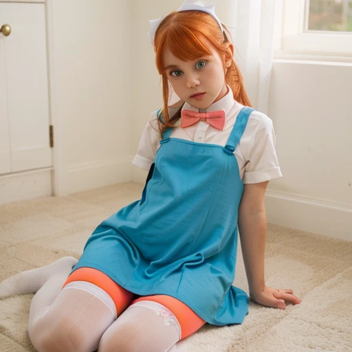 Little girl, green eyes, pink shirt, blue dress, orange hair, red bowtie, white stocking 