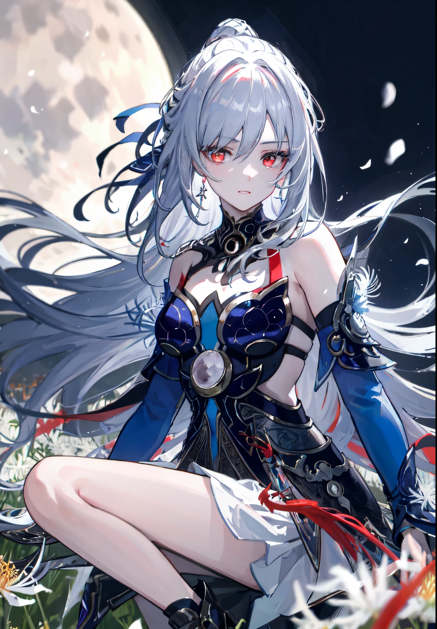 (best quality,4k,highres),ultra-detailed,realistic,portrait of (a woman,a lady) with silver hair swinging her sword, surrounded by a field of blooming red spider lily, Night, Full Moon