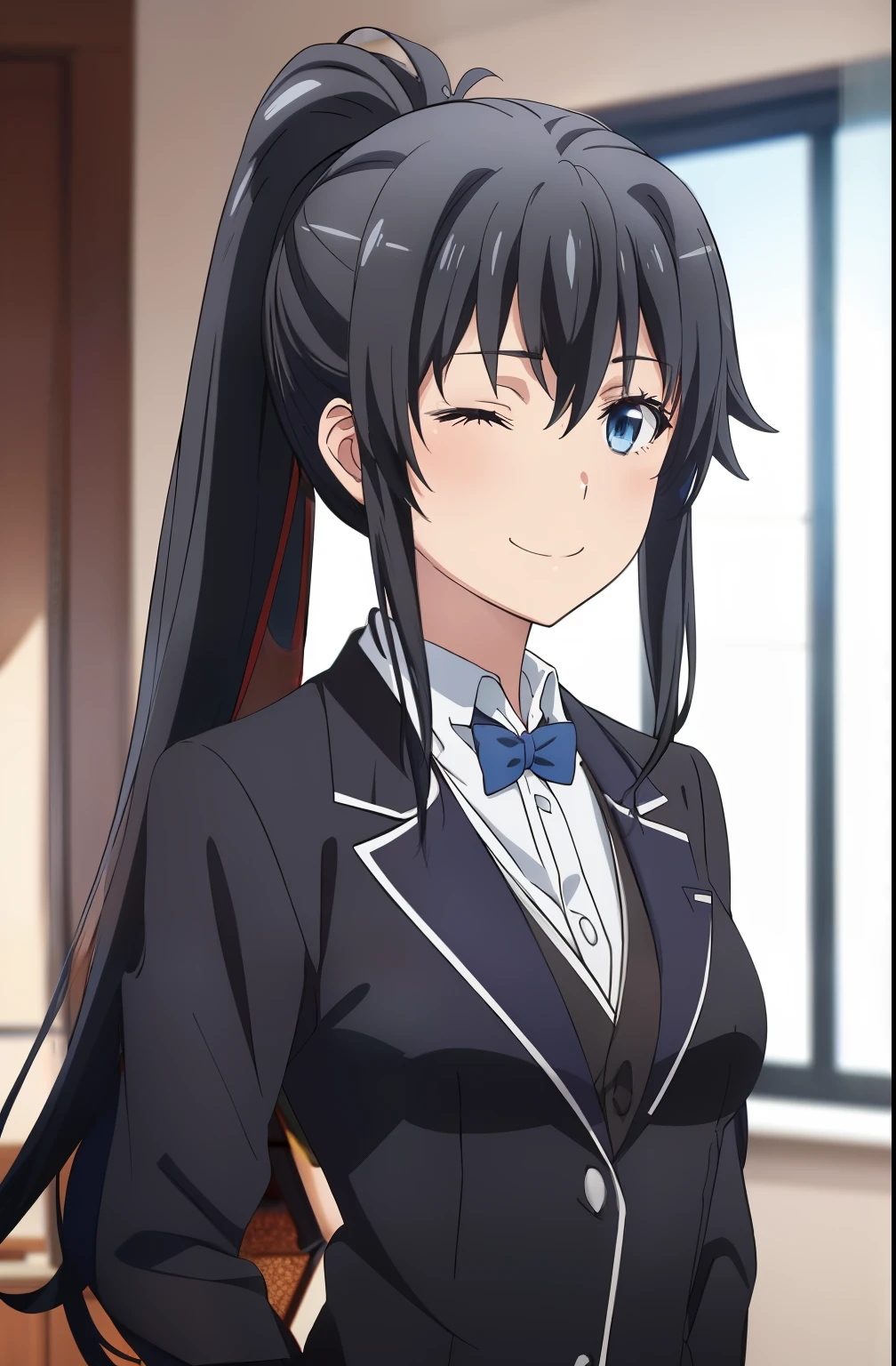 ((best quality)), ((masterpiece)), (detailed) 1girl 1girl, ;\), blurry, blurry_background, breasts, , hair_ponytail ribbon, looking_at_viewer, ok_sign, one_eye_closed, open_hand, Yukinoshita Yukino ,Woman wearing formal clothes, An attractive coat stands in a large gap in the room , 1girl, 独奏, blue necktie, Black hair, eyes blue, long hair, smile , collared shirt, white pants, white shirt , Elegantly designed coat , Stand in front of a window ,Perfectly tailored tailcoat. It has a stunning Victorian design and is made of lustrous fabric
