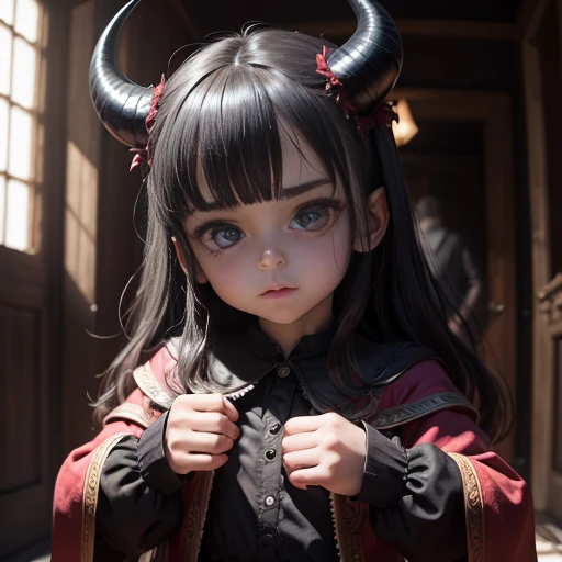 A demonic child, com olhos vermelhos brilhantes e presas afiadas, vestido com roupas pretas esfarrapadas, fica desafiadoramente na sala mal iluminada. Its horns curl menacingly above its forehead., and his clawed hands are clenched into fierce fists. Despite its sinister appearance, a mischievous gleam dances in his eyes as he contemplates his next prank. The shadows around you seem to pulse with malevolent energy., e as paredes outrora imaculadas carregam as cicatrizes de suas travessuras indisciplinadas. O quarto, cheio do cheiro acre de enxofre, is a clear indication that this is no ordinary child.