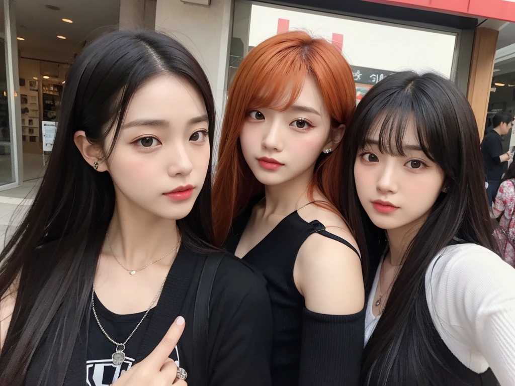 they are posing for a picture in front of a store, a picture inspired by Kun Can, trending on cg society, realism, kim doyoung, jinyoung shin, romantic lead, ulzzang, promotional still, naver fanpop, highlight scene of the movie, medium shot of two characters, promo still, luts, jia, still from a live action movie, woman with orange hair, man with medium black hair. Korean. 8k. Ulzzang, selfie