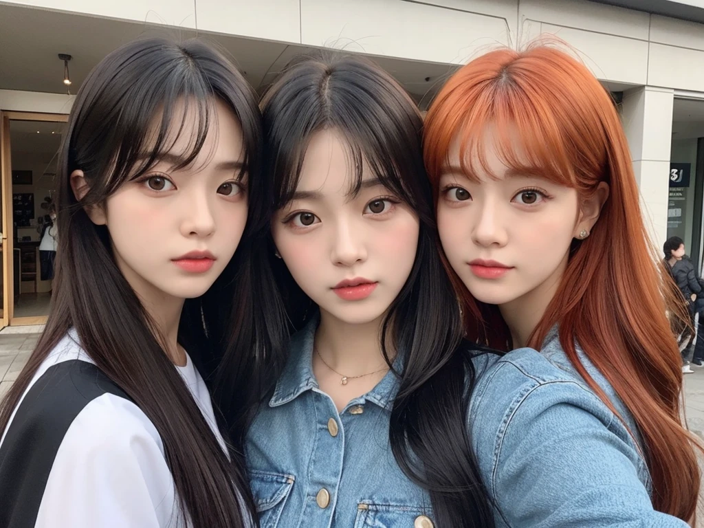 they are posing for a picture in front of a store, a picture inspired by Kun Can, trending on cg society, realism, kim doyoung, jinyoung shin, romantic lead, ulzzang, promotional still, naver fanpop, highlight scene of the movie, medium shot of two characters, promo still, luts, jia, still from a live action movie, woman with orange hair, man with medium black hair. Korean. 8k. Ulzzang, selfie
