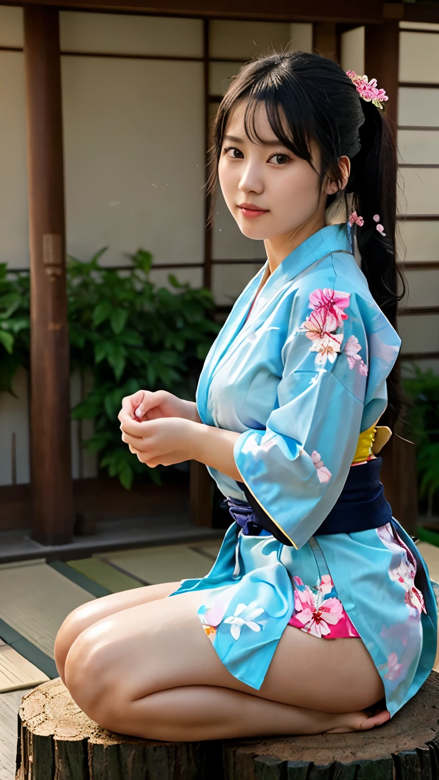 最high quality、high quality、best image quality、8K、最High resolution、High resolution、最high quality、masterpiece、realistic pictures、RAW photo、realistic atmosphere、(detailed face)、(fine hands、thumb１reference４)、(beauty of japan )、very nice face、cute face、((beautiful japanese girl))、(woman), ((18 year old beautiful girl))、(glossy black hair)、(straight long hair)、(ponytail)、whole body、slim style、(shiny skin)、(Fair skin, Glossy skin)、real human skin、realistic human body structure、perfect body， perfect face， perfect hands， perfect fingers， perfect lips， perfect eyes，perfect teeth、perfect background， perfect atmosphere，look at the camera、 soft natural light、samurai kimono、maiko kimono、servant、geisha kimono、Depictions of sex、The shape of the nipple is clearly visible、The shape of the genitals is clearly visible、japanese kimono、Furisode、kimono、Yukata、japanese traditional、Inside the samurai residence garden、((Transparent see-through(flowery kimono、Hakama with side slits))、((sit on the stump with your knees bent(Pose that makes your thighs look beautiful))