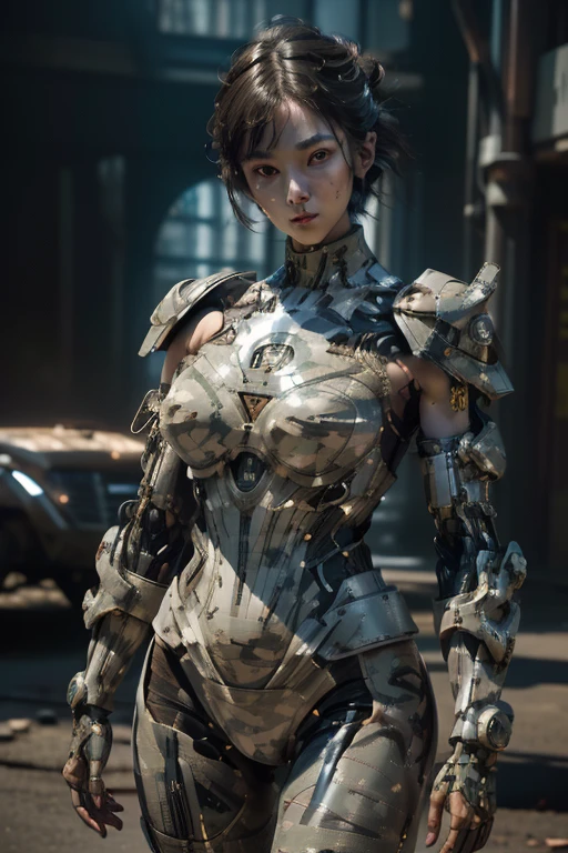 extremely detailed CG unity 32K wallpaper, top quality, masterpiece, raw photo, photorealistic, highest resolution, professional photo, dynamic, cinematic lighting, (cyberpunk:1.4), sharp focus, depth of field, (perfect body, correct anatomy:1.5), intricately detailed face, expressive face, POV, (from front:1.3), 1 girl, Japanese woman, ((female soldier:1.3)), solo, cowboy shot, black hair, short hair, SINGLE hair bun, ultra-realistic skin, detailed skin, tan, (narrow eyes:1.5), highly detailed nose and lips, (round outline of the face:1.3), (innocent face:1.2), ((camouflaged, combat uniform:1.4)), (slender:1.5), (petit:1.4), (beautiful breast:1.3), ((powered suit, body armor:1.5)), perfect body proportion, mechanical body armor, weaponized exoskeleton, holding a blaster rifle, (((1 large beam gun is attached to the girl's right shoulder:1.4))), (((in military operation:1.2))), (((outdoor, vandalized town, ruins, noon:1.3)))