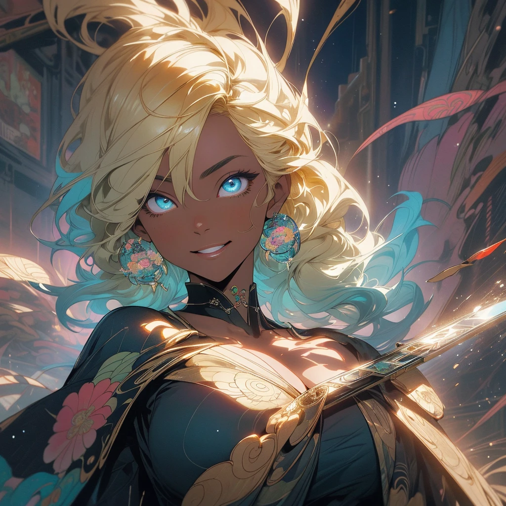 (((highest quality))),(((fine eyes))),(((32K))),(1 dark skinned girl),Fancy blonde,(tattoo),cyber punk,kimono,((luxurious and gorgeous)),shiny skin,earrings,Stylish costumes,((Super beautiful)),(perfect face),Japanese sword,ultimate texture,official art,Ukiyo-e,((stylish)),photograph,perfect body,smile,Bewitching,best image quality,super clear,genuine,fantasy,(Near the future),ninja,((perfect eyes)),big breasts,((Perfect cleavage)),highlight,挑発的なsmile,stick out tongue,Mechanical,mandala,Pouring rain,majestic,apotheosis,fractal art:(1.3),perfect lighting,colorful,In underwear