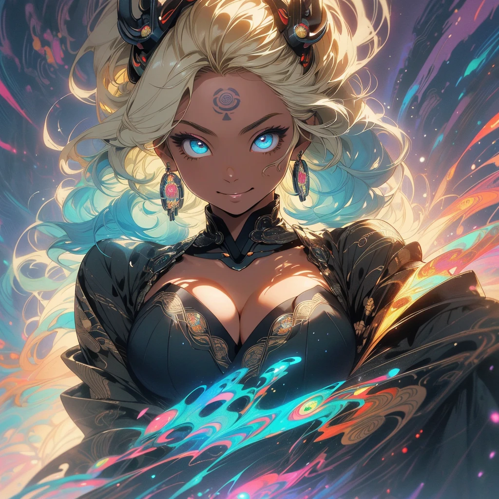 (((highest quality))),(((detailed eyes))),(((32K))),(1 dark skinned girl),Fancy blonde,(tattoo),cyber punk,kimono,((luxurious and gorgeous)),shiny skin,earrings,Stylish costumes,((Super beautiful)),(perfect face),Japanese sword,ultimate texture,official art,Ukiyo-e,((stylish)),photograph,perfect body,smile,Bewitching,best image quality,super clear,genuine,fantasy,(Near the future),ninja,((perfect eyes)),((big breasts)),((Perfect cleavage)),highlight,挑発的なsmile,stick out tongue,Mechanical,mandala,Pouring rain,majestic,apotheosis,((fractal art:(1.3)),perfect lighting,colorful,((In underwear)),crow,