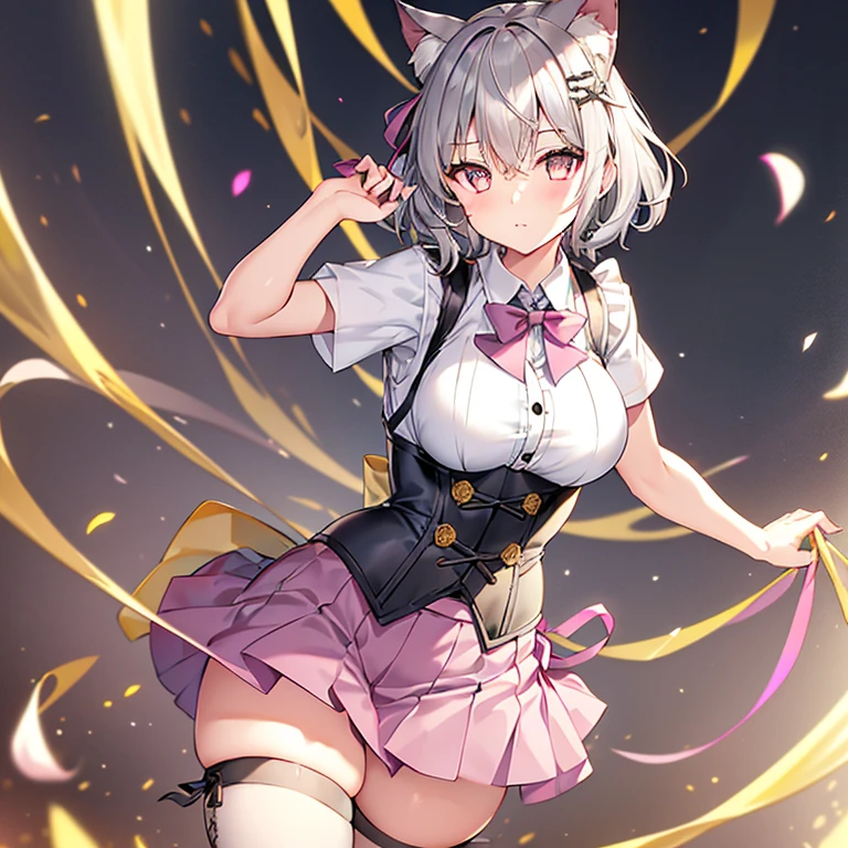 girl, gray hair, short haired, yellow eyes, small breasts, cat hair ornament, side lock, gray hair, shiny hair, uniform, (golden eyes: 1.2), (Two long triangular extensions at skirt, Best corset for the stomach), White buttons on vest corset, (Short sleeve strip shirt under vest corset), (Sleeves end close to the arm), (thick ribbon of black color on the neck,), ( Short Magenta Skirt),