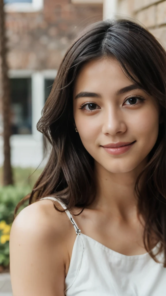 (Full body), ((Best Quality, 8K, unreal engine, Masterpiece:1.3)), hyperrealistics style, (Image, Photograph), (Imada Mio:1.0), (Jisoo:0.5), Photos of young Japanese women named Haruka, 27 years old, beautiful face, very small chest, long black hair, white skin, light eyebrow, (wearing a cute top, Casual clothing, dressed casually), Wearing a white tank top, Wearing tight simple clothes, wearing casual clothing, double eyelids, sitting on the wall with a smile, Hot with shining sun, looking at the viewers, sky scenery, highly detailed glossy eyes, high detailed skin, skin pores, beautiful, super fine face, exquisitely rendered details on face and skin texture, organic, stunningly beauty, soft and smooth body, smile, diffuse lighting, ornate, smooth