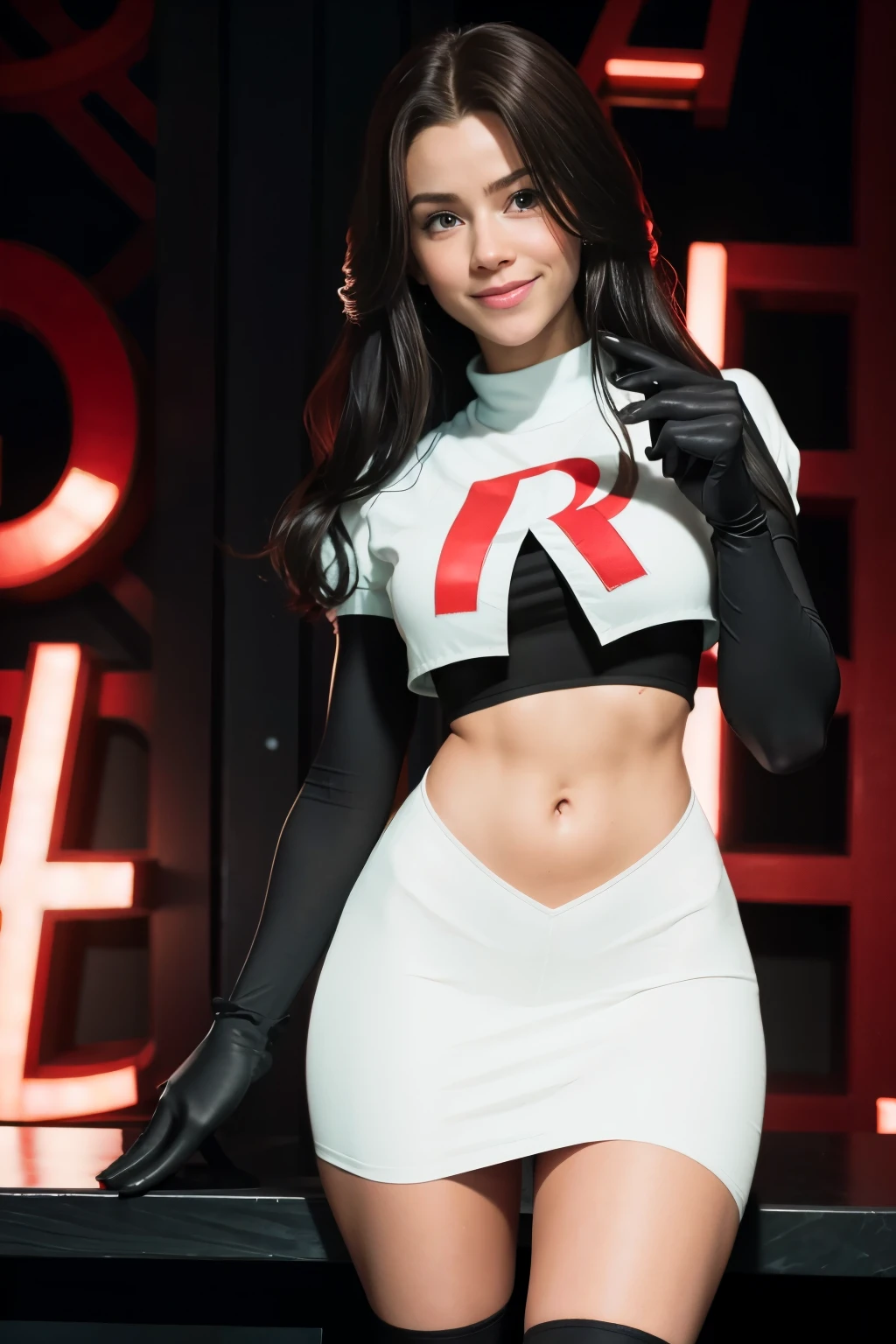 pernillamouritzen, a woman wearing team rocket,team rocket uniform,white skirt,red letter R,crop top,black thigh-highs,black elbow gloves,