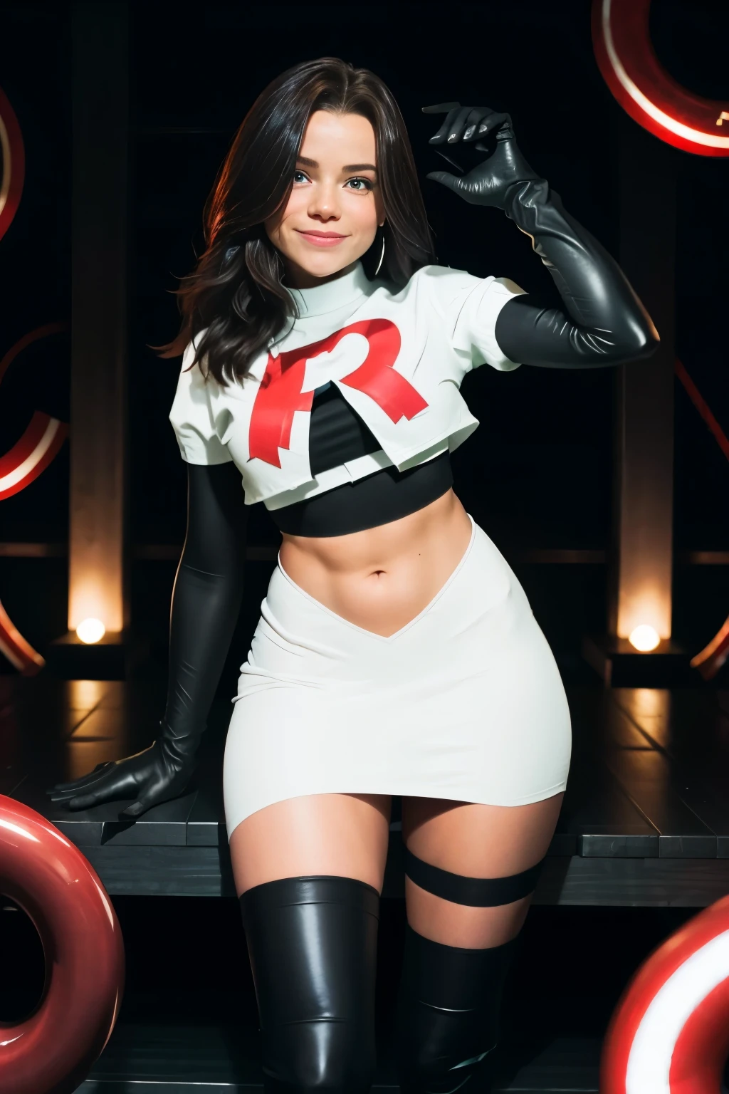 pernillamouritzen, a woman wearing team rocket,team rocket uniform,white skirt,red letter R,crop top,black thigh-highs,black elbow gloves,