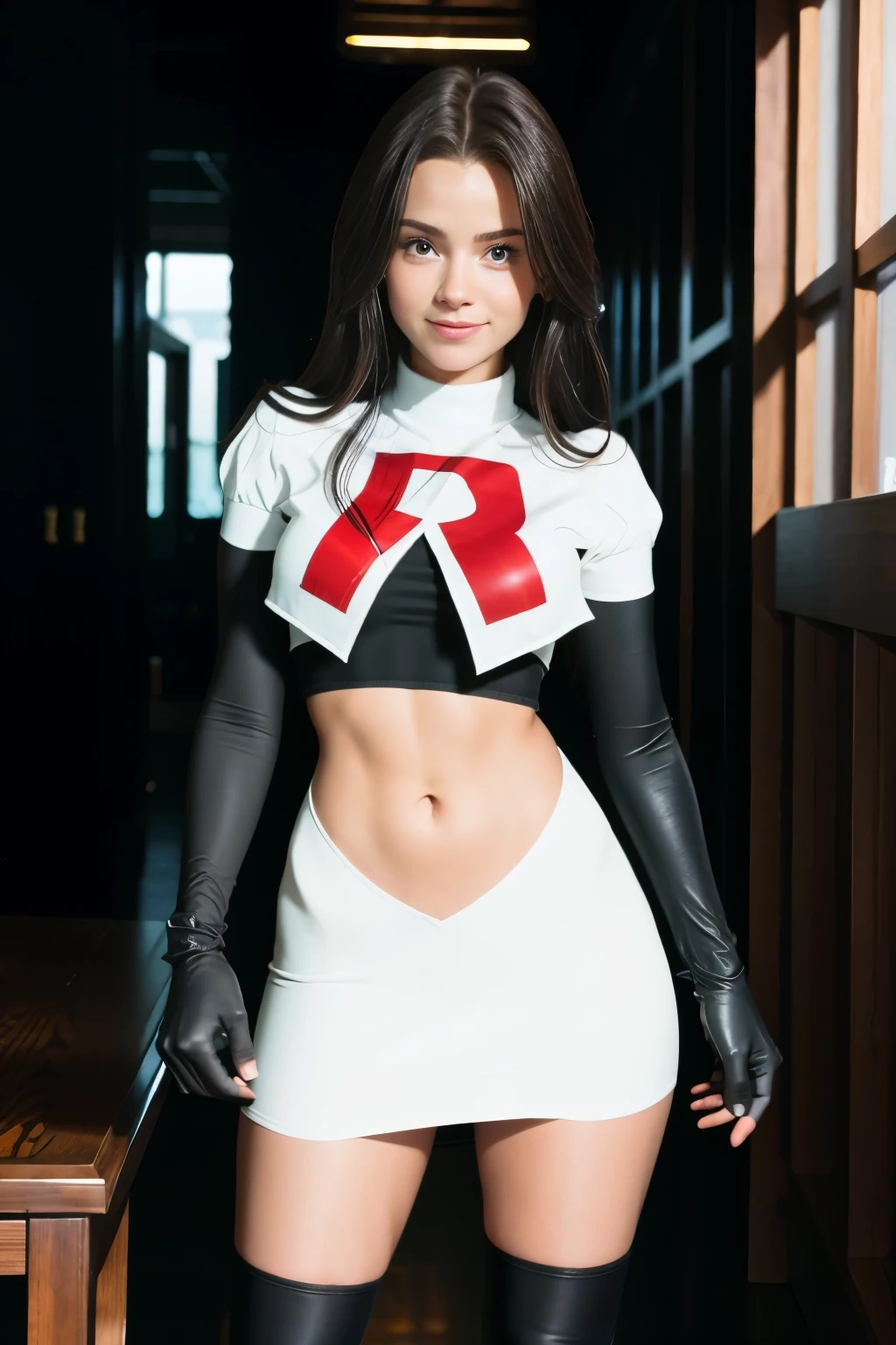 pernillamouritzen, a woman wearing team rocket,team rocket uniform,white skirt,red letter R,crop top,black thigh-highs,black elbow gloves,