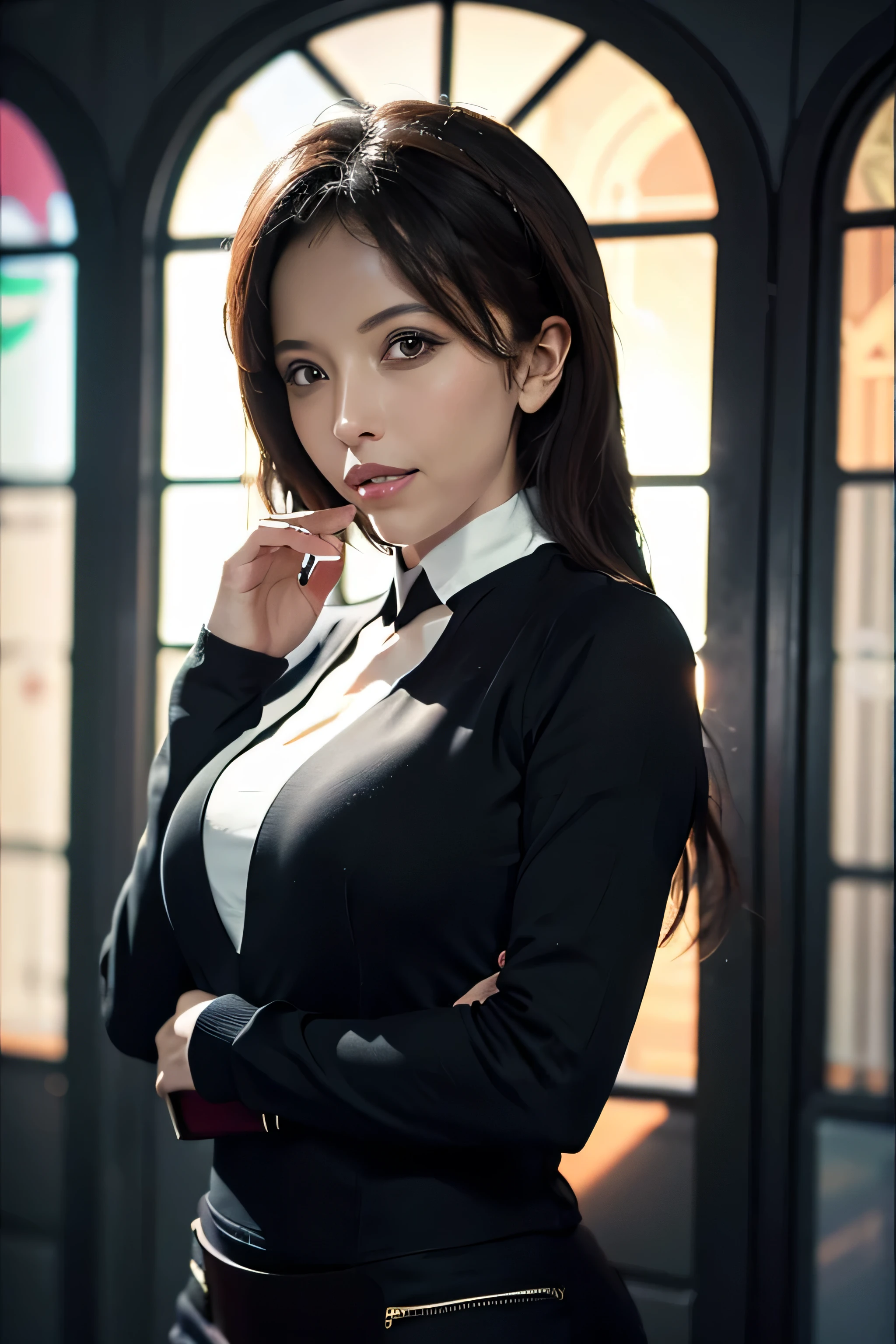 fantasy art, fotorrealismo, dynamic lighting, art station, poster, volumetric lighting, Caras muy detalladas, (Uniforme oficial: 1.4), pelo largo, sweater, Delicate Collarbone, hombros descubiertos, pechos llenos