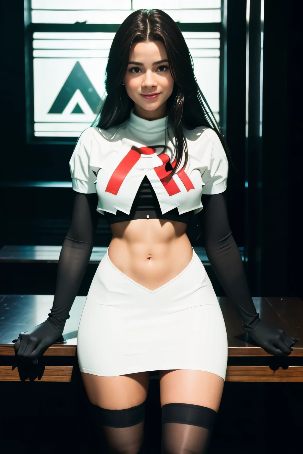 pernillamouritzen, a woman wearing team rocket,team rocket uniform,white skirt,red letter R,crop top,black thigh-highs,black elbow gloves,