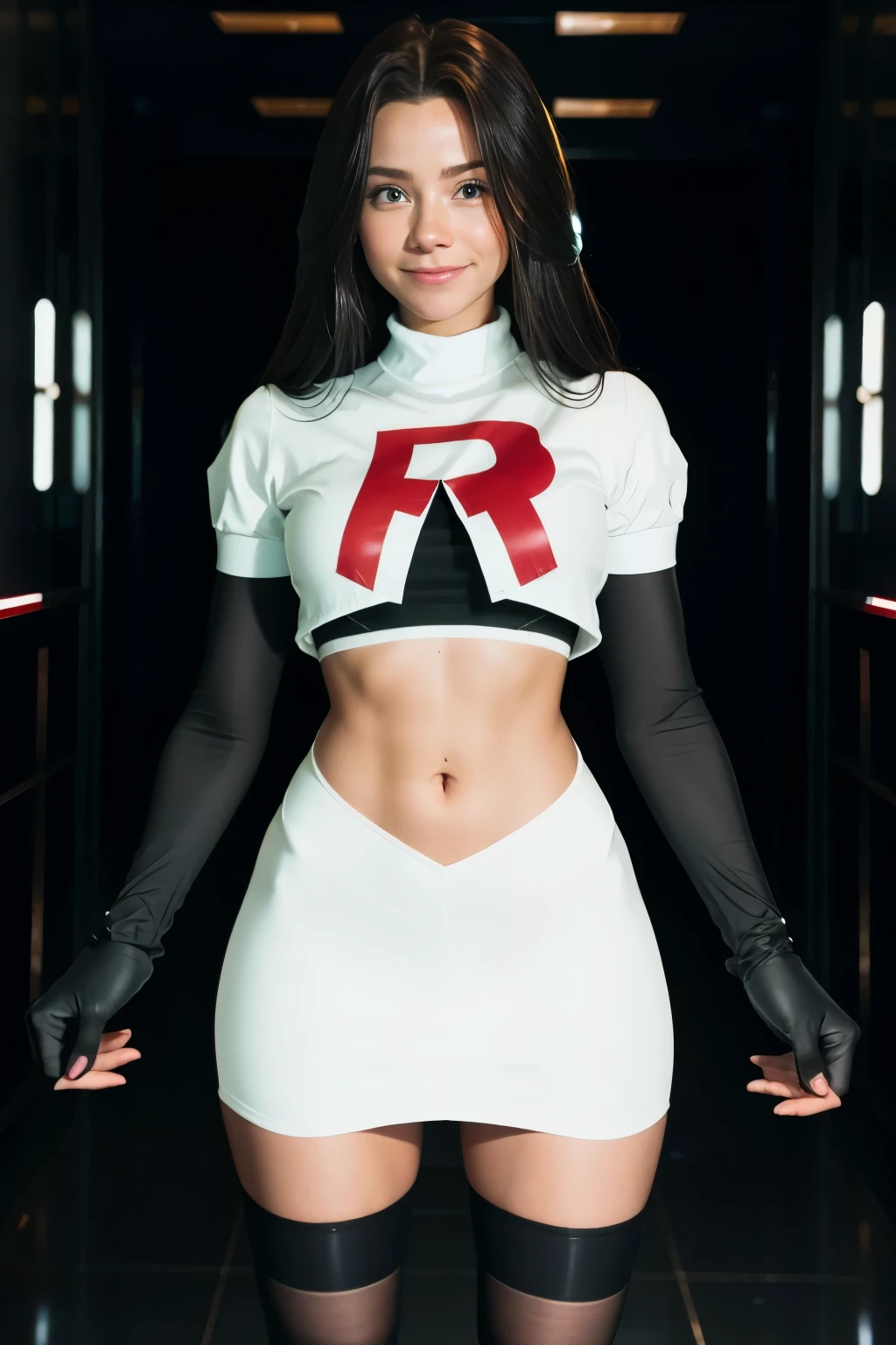 pernillamouritzen, a woman wearing team rocket,team rocket uniform,white skirt,red letter R,crop top,black thigh-highs,black elbow gloves,